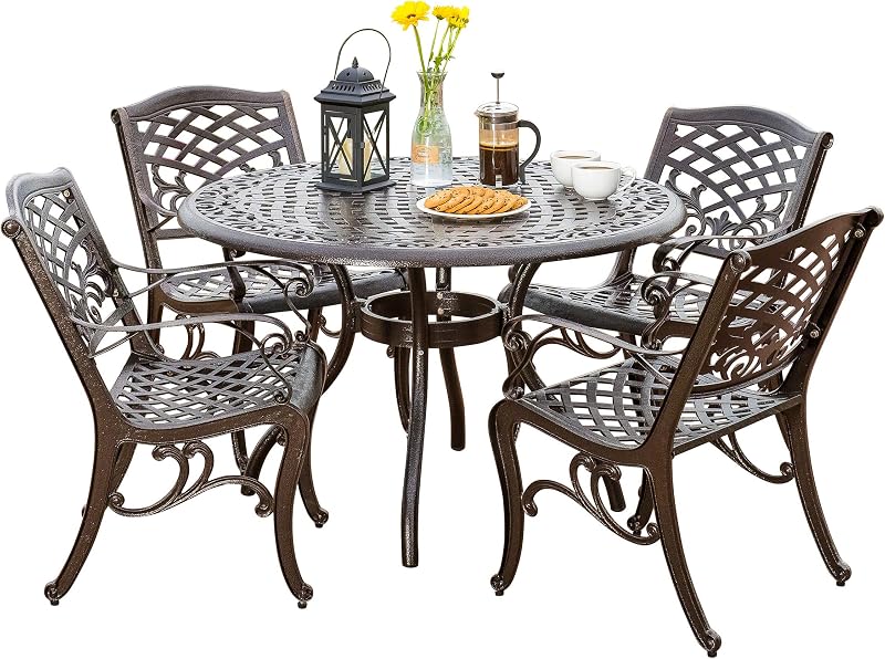 Christopher Knight Home Hallandale Juego de comedor de aluminio fundido para exteriores para patio o terraza, juego de 5 piezas, bronce martillado