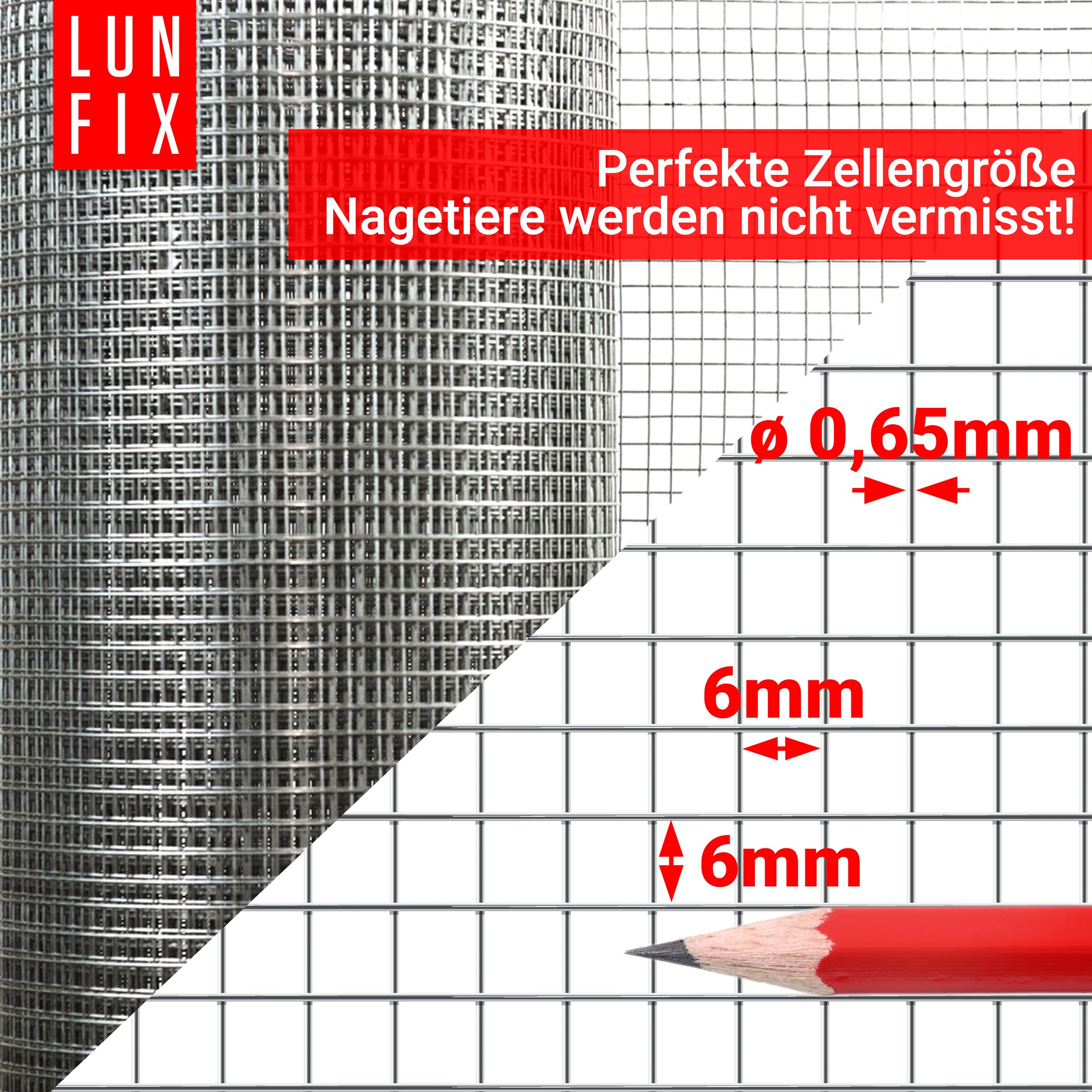 Drahtgitter feinmaschig 6x6 mm 0,65 mm 1x25 m 100x2500 cm Hasendraht | Wühlmausgitter Kaninchendraht Maschendrahtzaun Volierendraht Rödeldraht Kaninchenzaun Metall Hasengitter