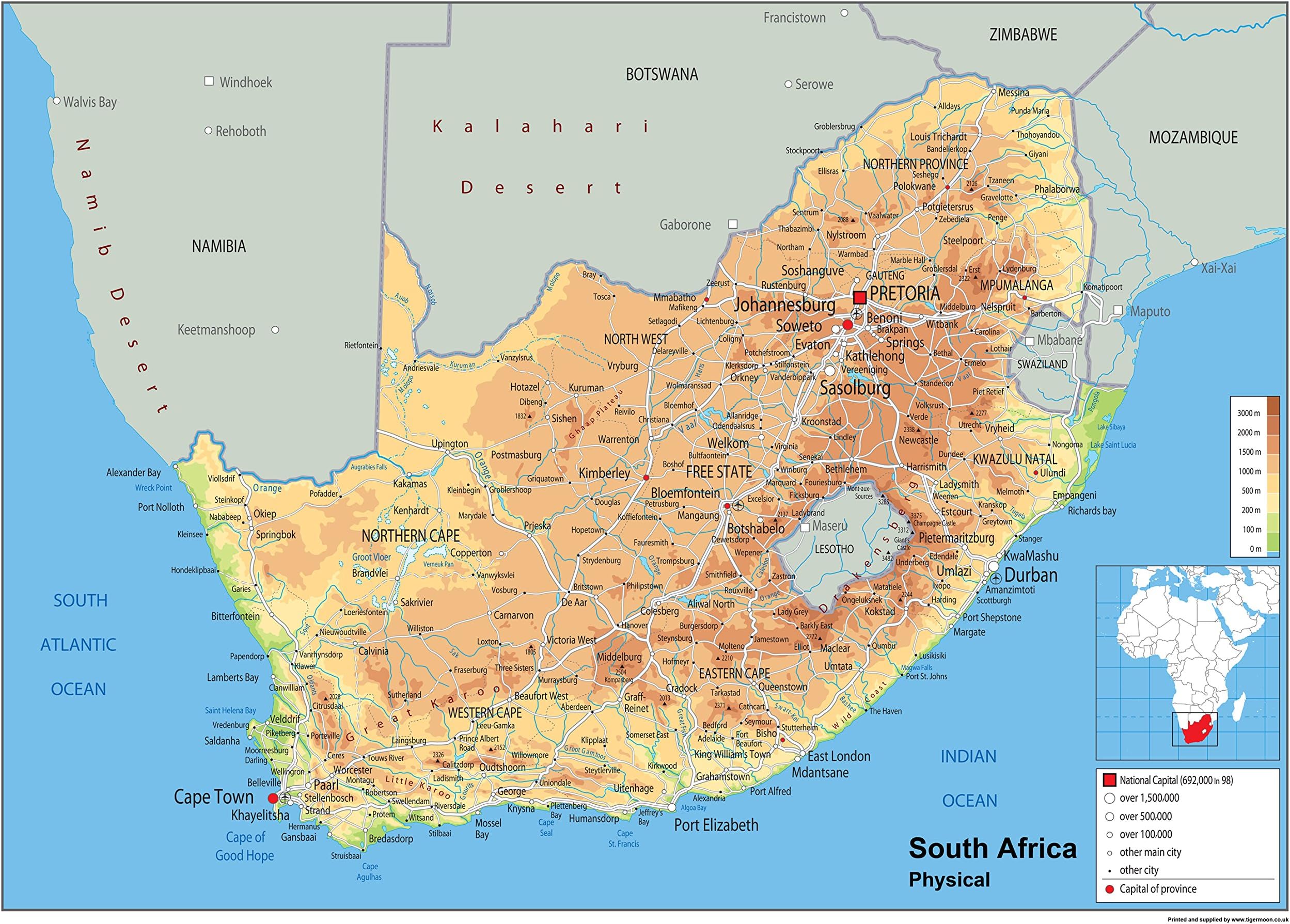 Physical Map of South Africa - Size A1-59.4 x 84.1cm - Paper Laminated Office Product