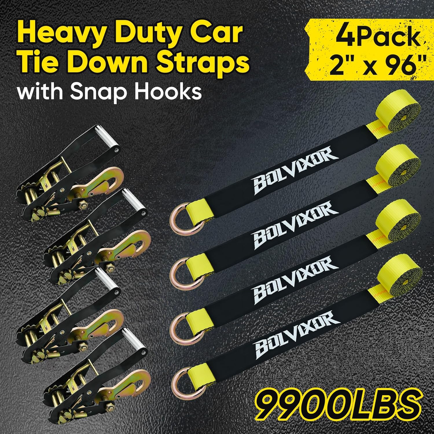 4 Pack Car Tie Down Straps for Trailers - 2" x 96" - 9900LBS Break Strength - Tire Ratchet Strap with Snap Hooks - Adjustable Wheel Straps for Hauling UTV, SUV, Truck, Any Cars