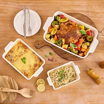 Casserole Dishes For Oven, Ceramic Baking Dishes 15.7/12.3/9.4, Large Lasagna Baking Dish with Handle, Ceramic Bakeware Set for Cooking Deep Baking Pan Set of 3 White