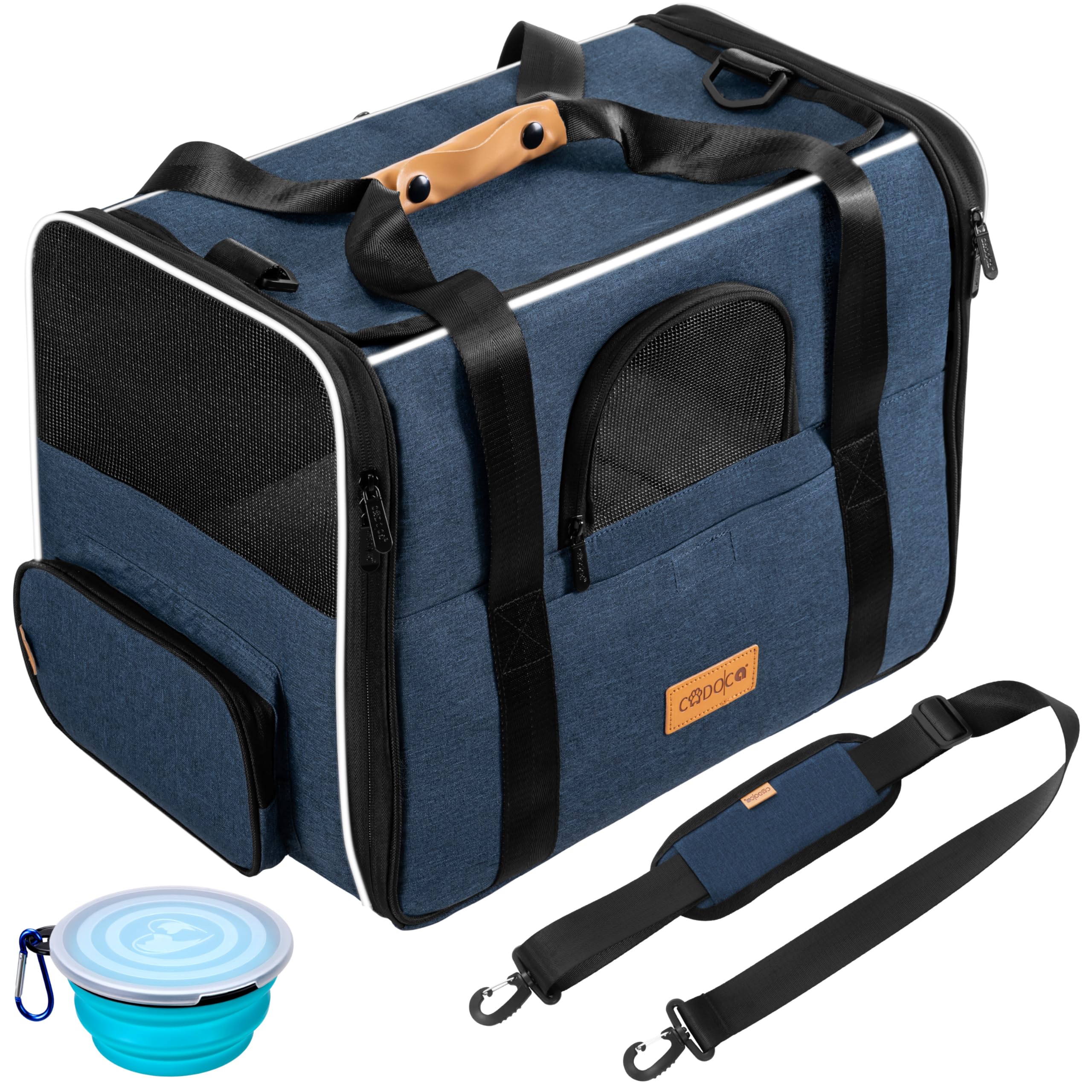 CADOCA® Transportín Perros Gatos Plegable Bolsa Transporte Mascotas Cojín Comedero Bandas Reflectantes Compacto Ligero Viajes Coche Tren Azul