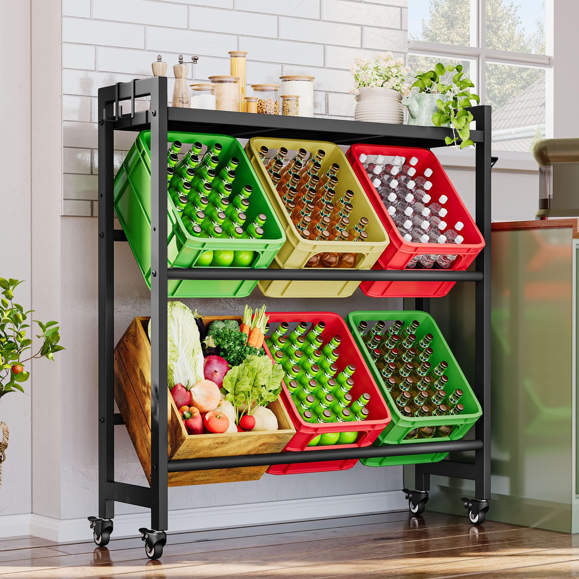 YITAHOME getränkekistenregal mit ablage 6 kisten, getränkekistenregal rollen, verstellbaren füße, Öffner, Haken, Metall regal getränkekisten für Bier, Obst, Gemüse, Wasser, getränkeregal kisten regal