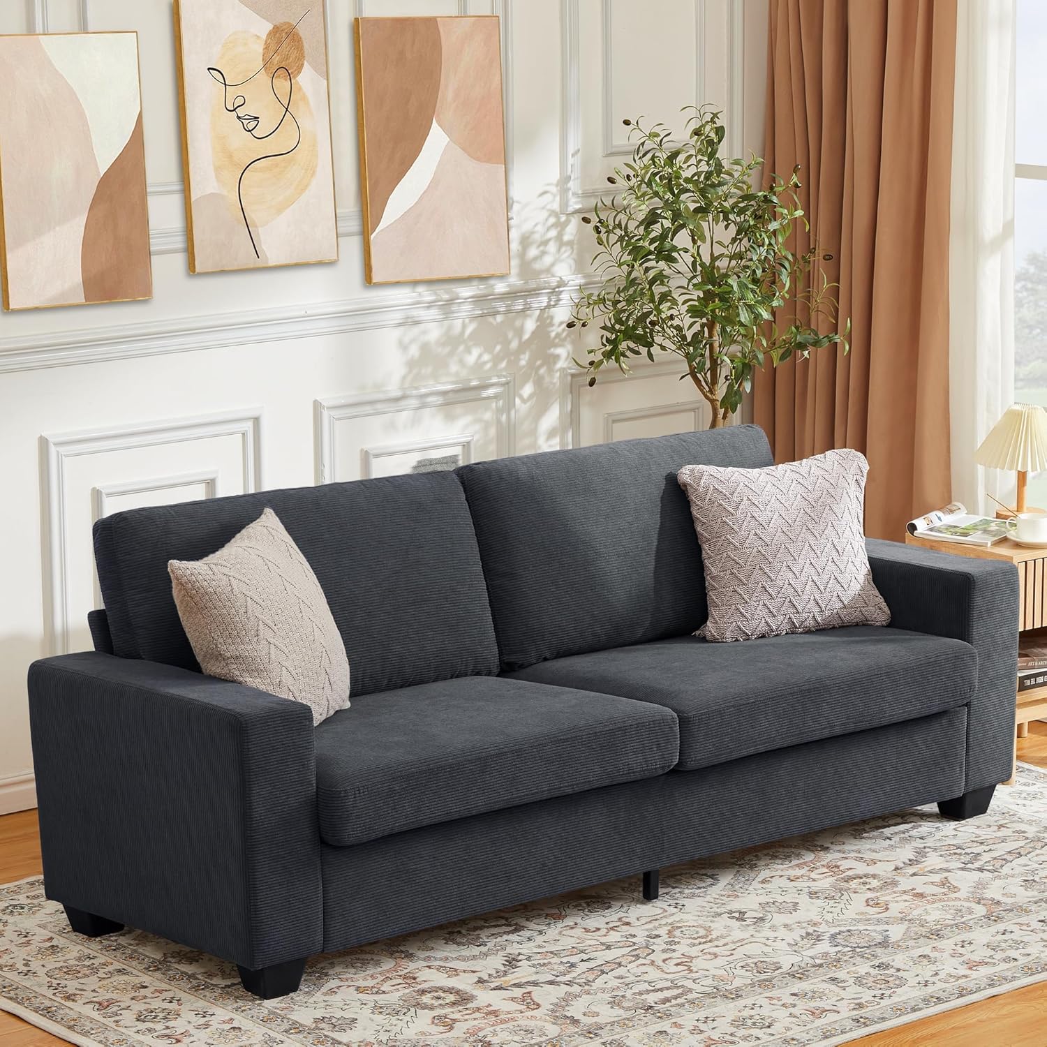 BouPower 84" Grey Corduroy Loveseat Sofa - Modern Plush 3-Seater Couch with Wide Armrests & Deep Seats for Living Room