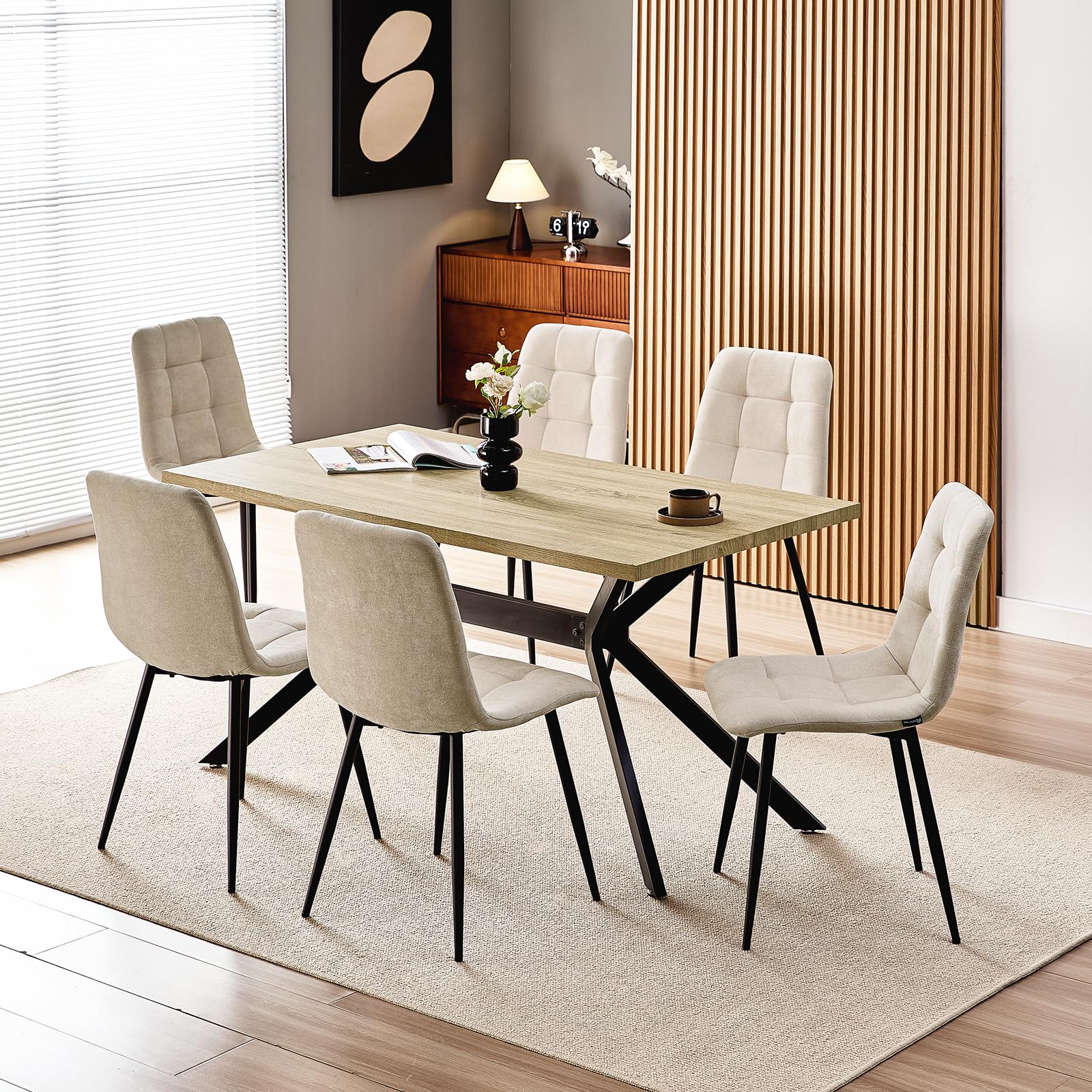 WAFTING Essgruppe Esstisch mit 6 Stühlen, 140×80×73cm HDF Esstisch mit Helle Holzmaserung, und Gepolsterte Beige Esszimmerstühle mit hoher Rückenlehne und Leinendesign, für Küche Esszimmer, Wohnzimmer