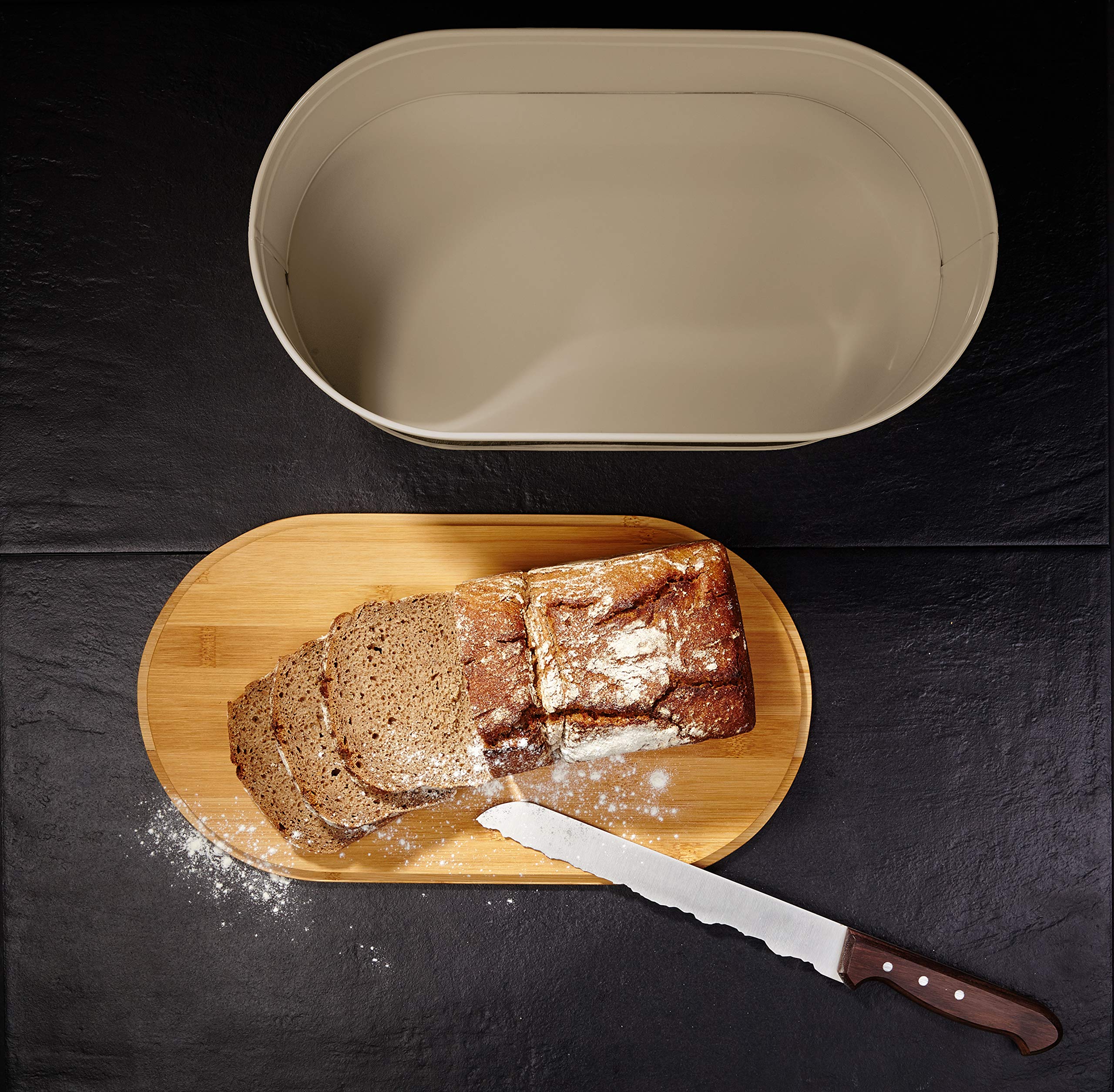 Lumaland Cuisine Brotkasten | Brotkasten aus Metall mit Bambusdeckel | Brotbox oval 36 x 20 x 13,8 cm | 2in1 Brotkasten & Schneidebrett [Grau]