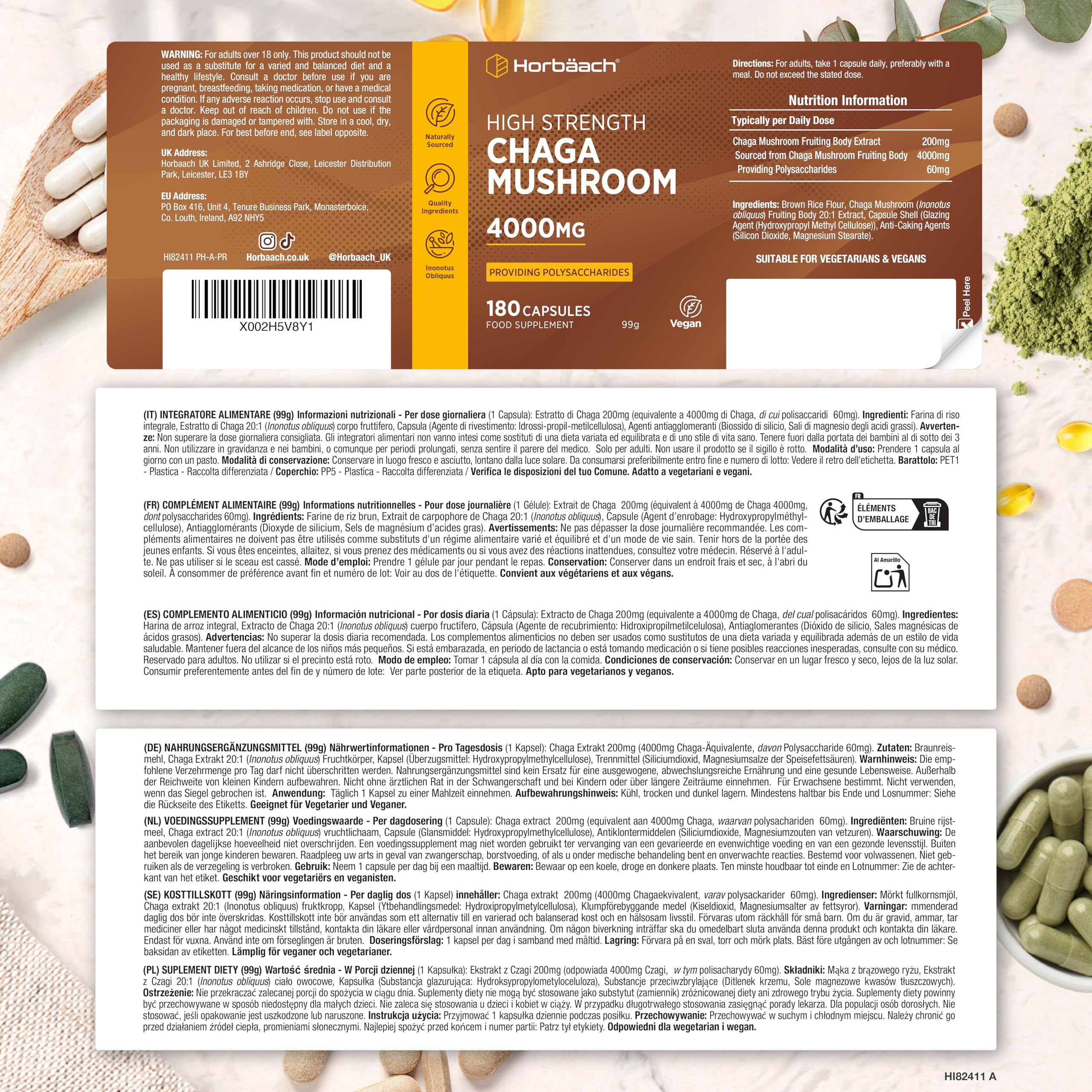 Chaga Grzyb Kapsułki 4000mg | Błyskoporek Podkorowy lub Chaga (Inonotus obliquus) | Naturalnego Pochodzenia | 90 Wegańskich Kapsułek | marki Horbaach