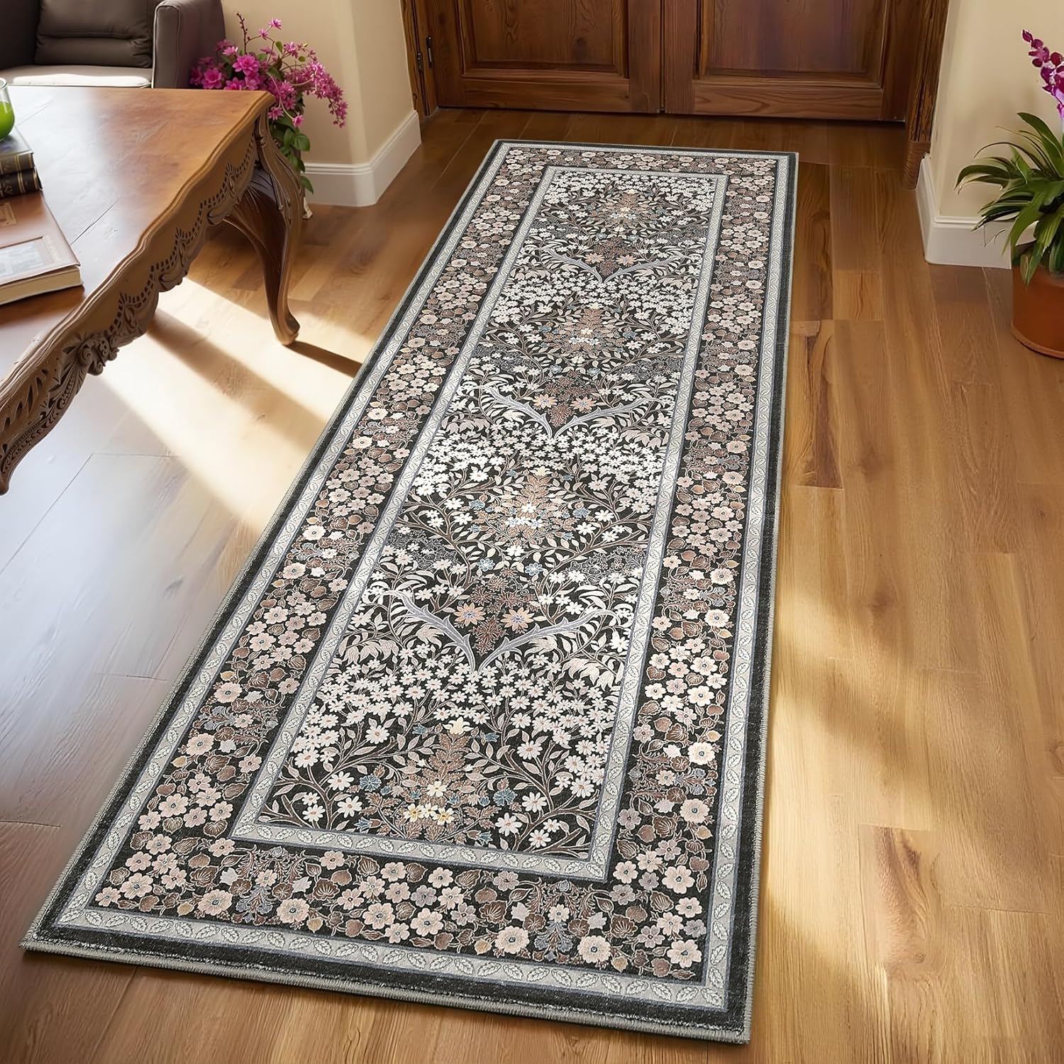 GarveeHome Floral 2x6 Runner Rug Non Slip Boho Washable Bathroom Rug, Soft Small Area Rug Indoor Door Mat Botanical Throw Rugs for Kitchen Hallway, Brown