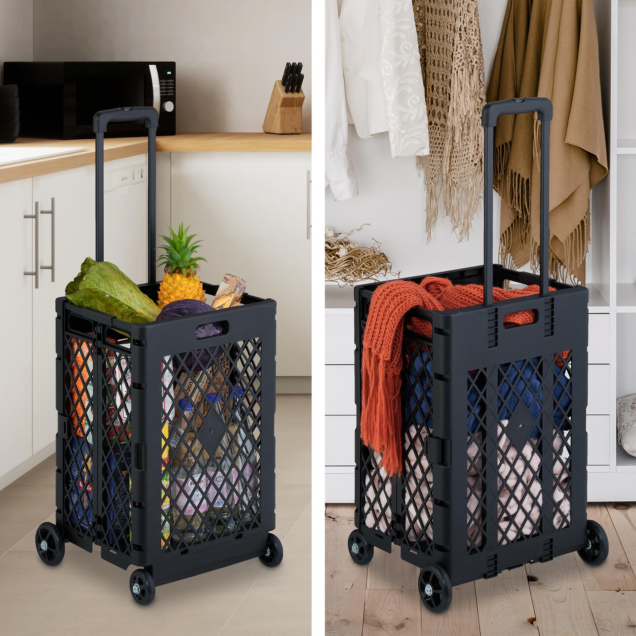 Relaxdays Chariot de Courses Pliable, Caisse sur roulettes, 25 kg, poignée télescopique, grillagé, Noir