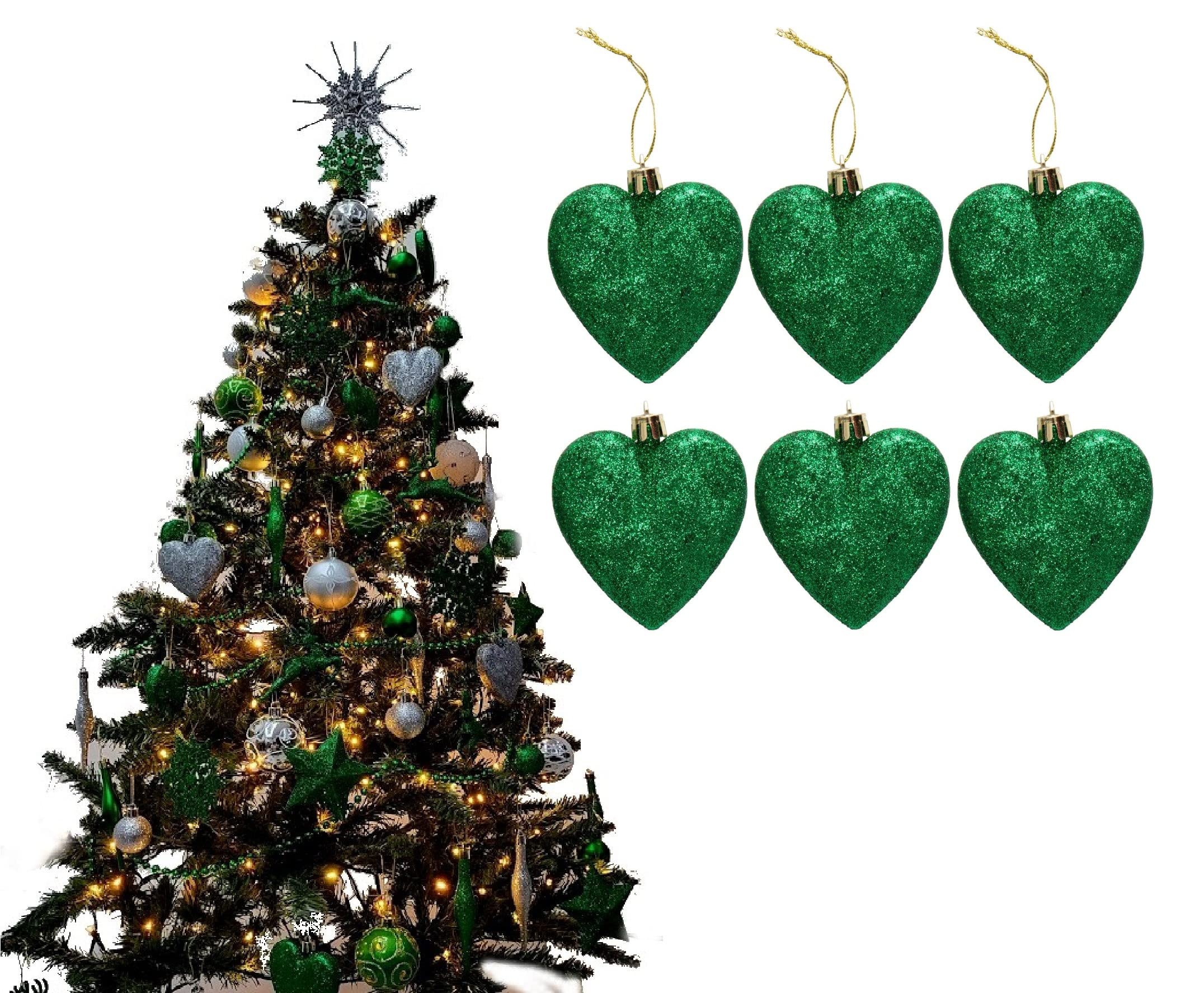 Simply Products Dark Green Glitter 6 Heart Baubles - Great Christmas Tree Decorations, Glitter Heart Baubles (Dark Green Glitter)