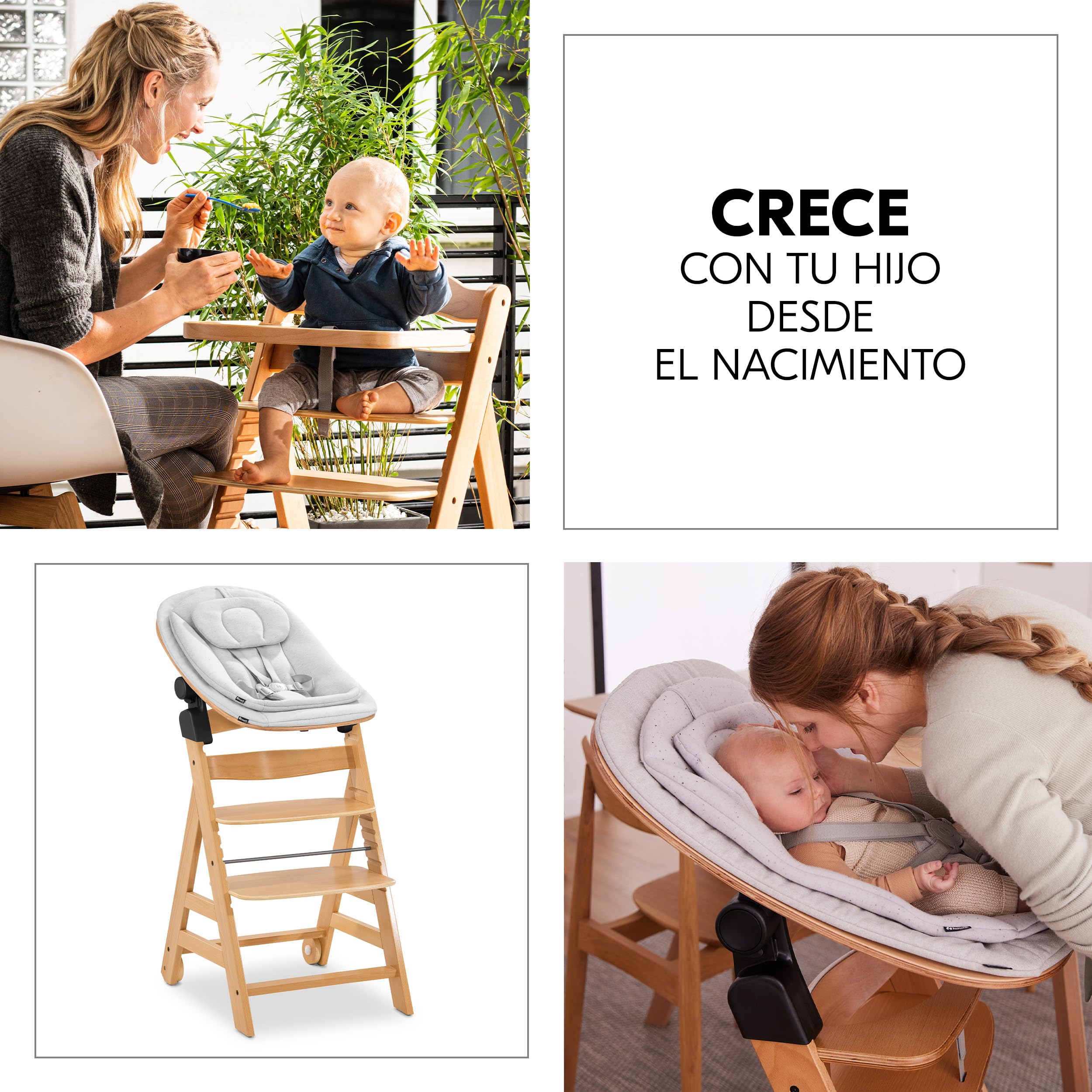 hauck Alpha Move Newborn Set Eco Bouncer Trona de Madera para Bebé desde el Nacimiento - Sillas Tronas para Niños con Hamaca Recién Nacidos Cojín y Bandeja - Natural