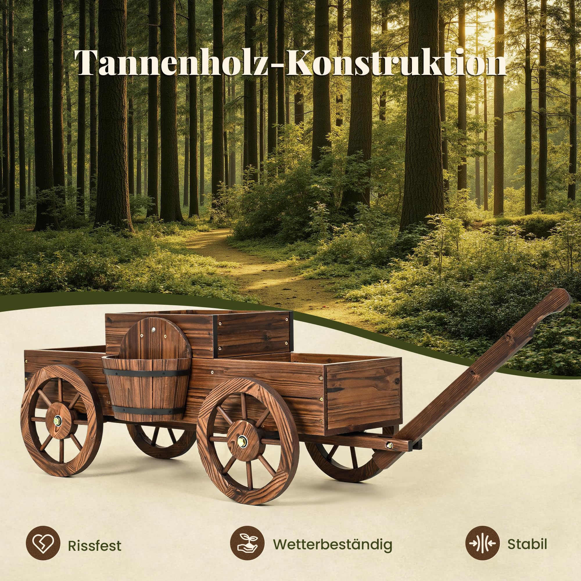 Pamapic Blumenwagen für Garten, Blumenkasten im Wagenstil mit Griff & Rädern, Pflanzkübel Holz für Gemüse, Blumen, Kräuter, Terrasse, Balkon, Innenbereich, Bollerwagen Holz, 158,5x54x41cm, Braun