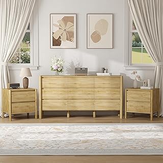 CHUWELL 3-Piece Bedroom Dresser Set-9 Drawer Dresser & 2 Nightstands,63" Wide Dresser and Night Stands with Solid Wood Cylindrical Legs,Rustic Wooden Storage for Bedroom(Oak)
