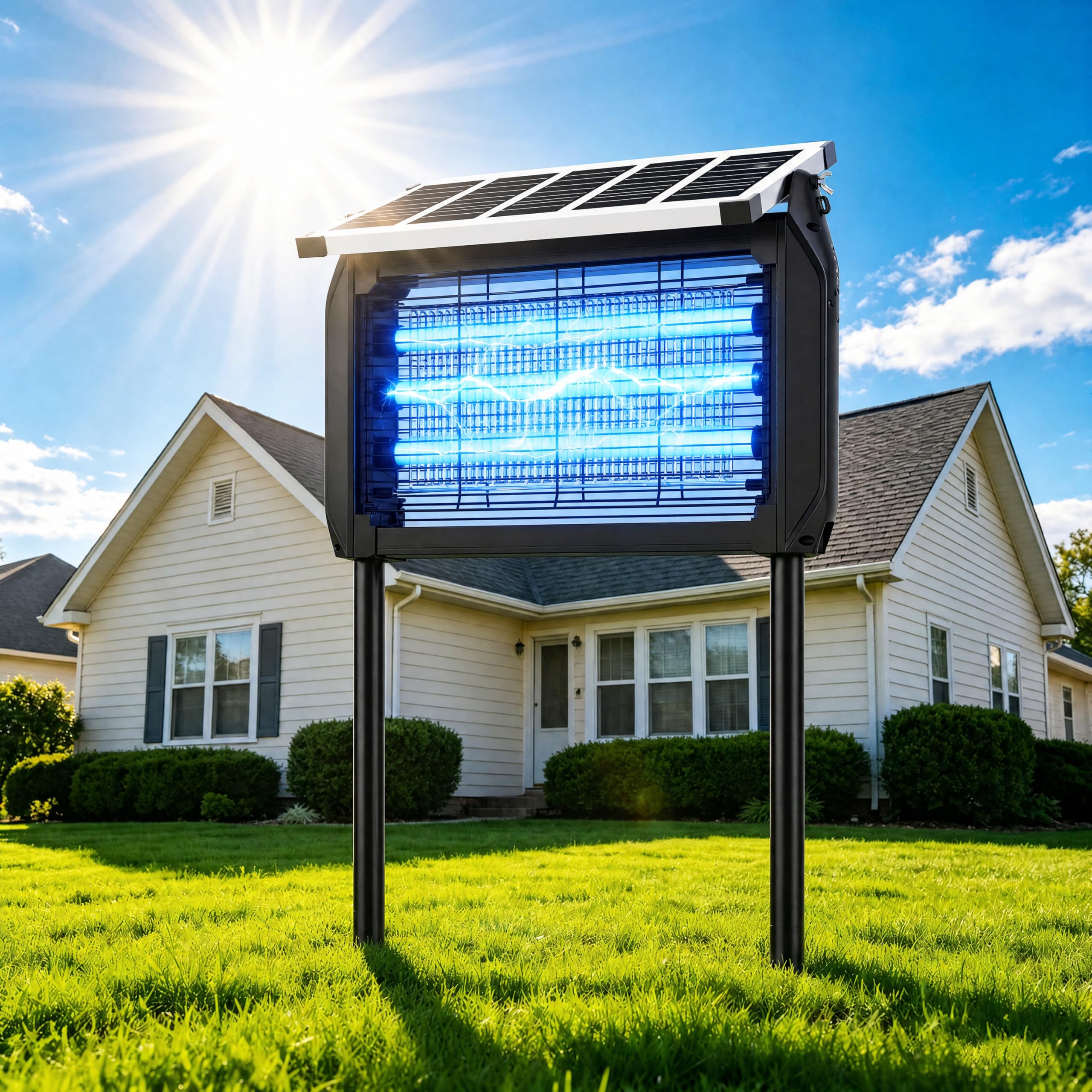 Lampada Antizanzare Elettrica Solare,Zanzariera Elettrica da Esterno 4000V, Ricarica Solare e USB,UV 10W, IPX5 Anti Mosche Elettrico Impermeabile, Ideale per Patio, Giardino e Campeggio