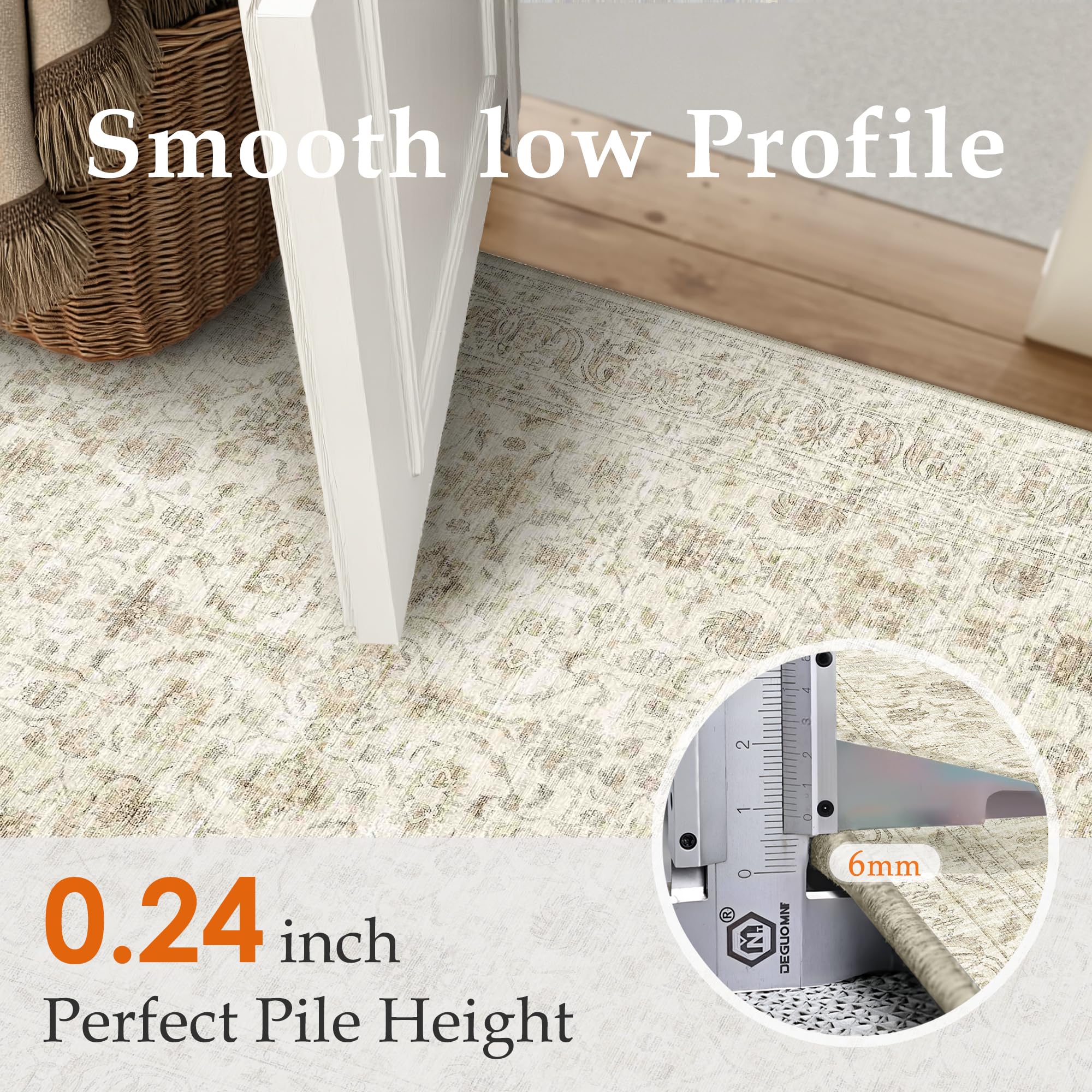 PureCozy 8x10 Area Rug Machine Washable Living Room Bedroom Vintage Distressed Non Slip Carpet Indoor Large Low Plie Thin Beige Dining Room Office Retro Accent Throw Rug: 8' x 10' (Rectangular) Accent | Beige