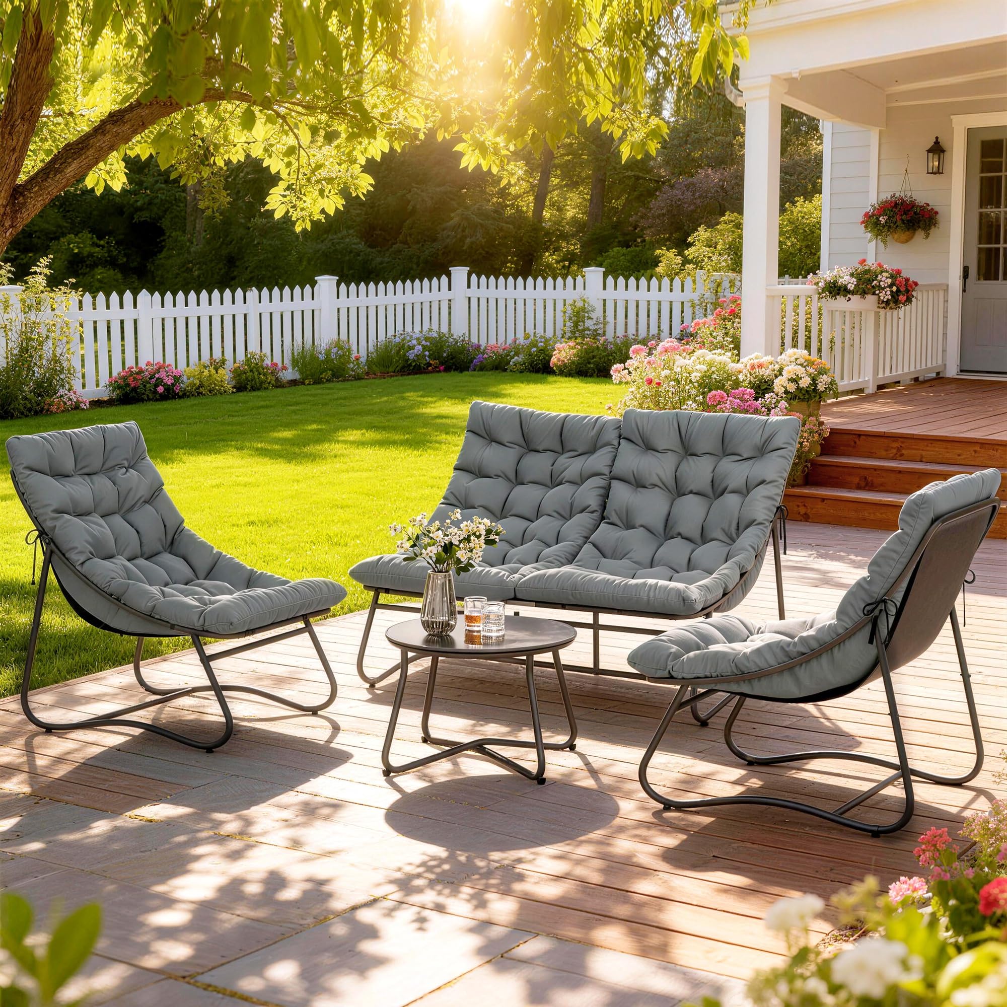Outsunny - Salón de jardín, 4 piezas, con cojines gruesos, 8 cm, acero gris | Conjunto de muebles al aire libre, Textilene transpirable, mesa de café de vidrio templado, terraza balcón moderno