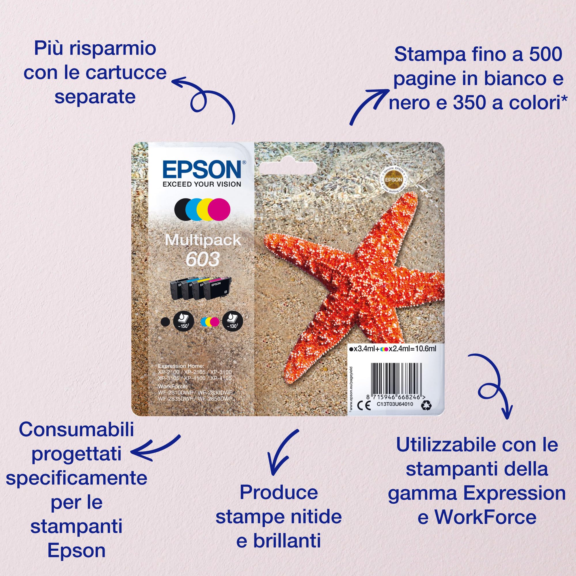 Epson Serie 603 Stella Marina - Cartucce originali per Stampante getto d'Inchiostro, Multipack 4 colori (Nero, Ciano, Magenta, Giallo) Standard, Stampa fino 130 pagine colori/150 Black, Pack EasyMail