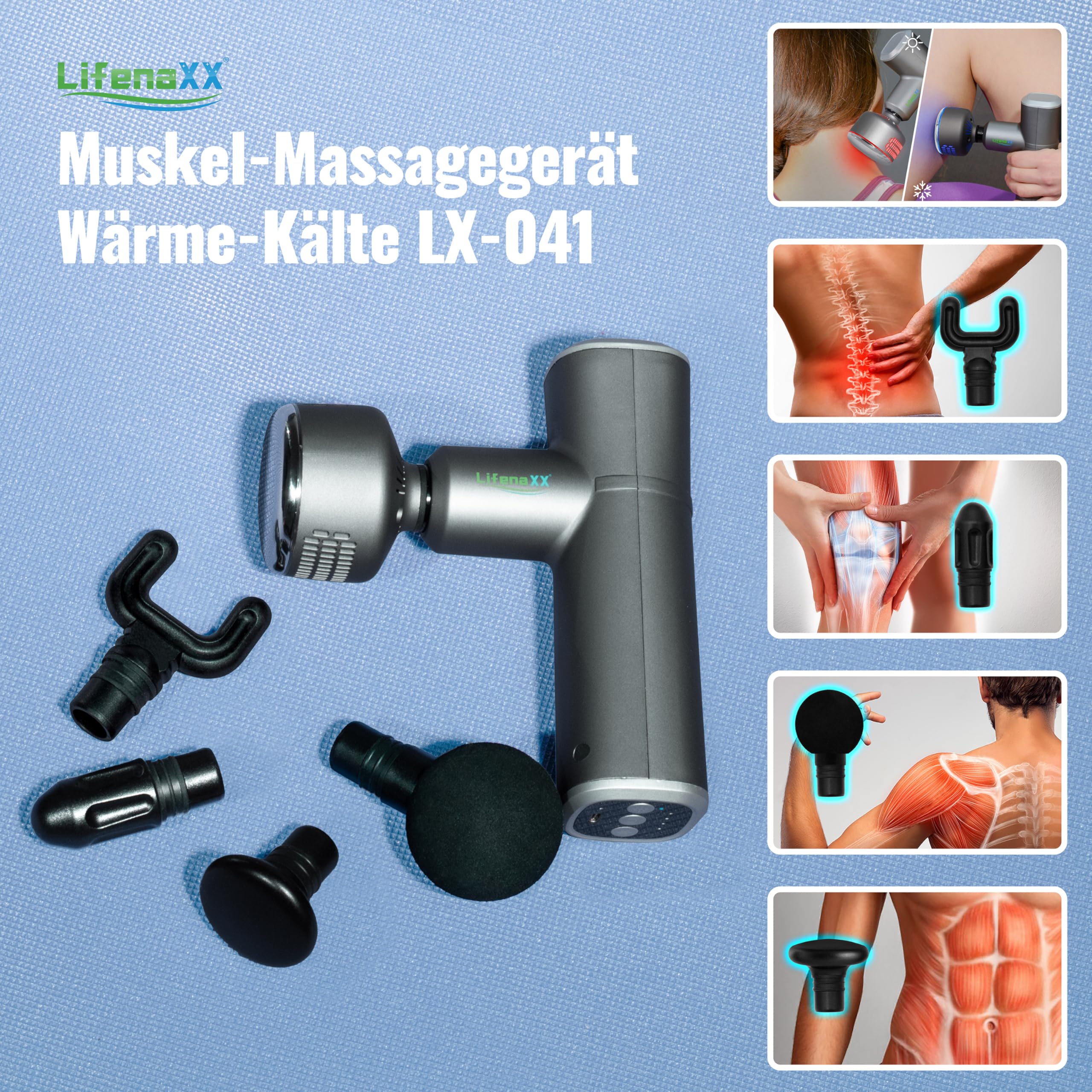 Lifenaxx Muskel-Massagegerät Wärme-Kälte-Therapie Pro LX-041 - Massagepistole mit Wärmefunktion & Kältefunktion in 6 Stufen, 5 Massageköpfe, 2000mAh Batterielaufzeit