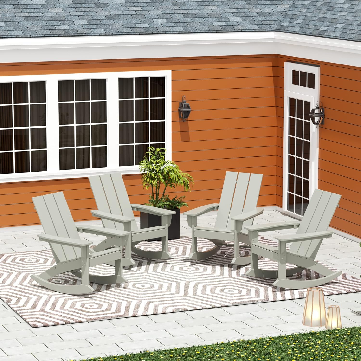 WO WESTIN OUTDOOR HDPE Shoreside Modern Rocking Poly Adirondack Chair (Set of 4),Sand