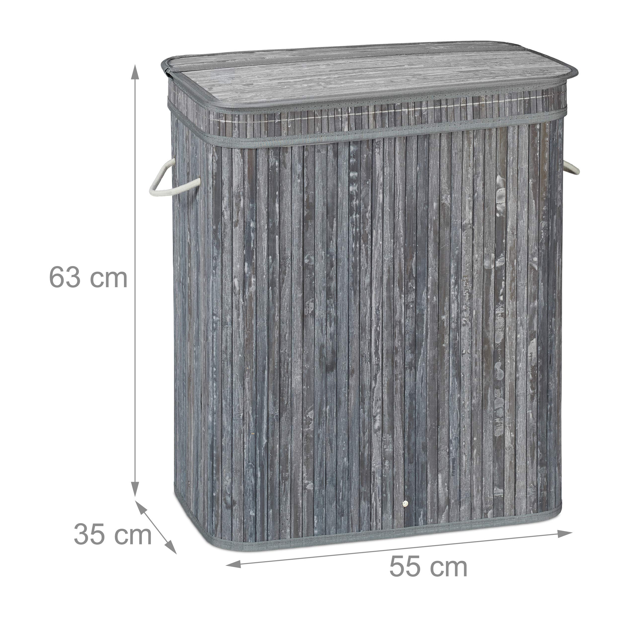 Relaxdays Wäschekorb Bambus, rechteckiger Wäschesortierer, 2 Fächer, mit Klappdeckel, platzsparend faltbar, 95 l, grau