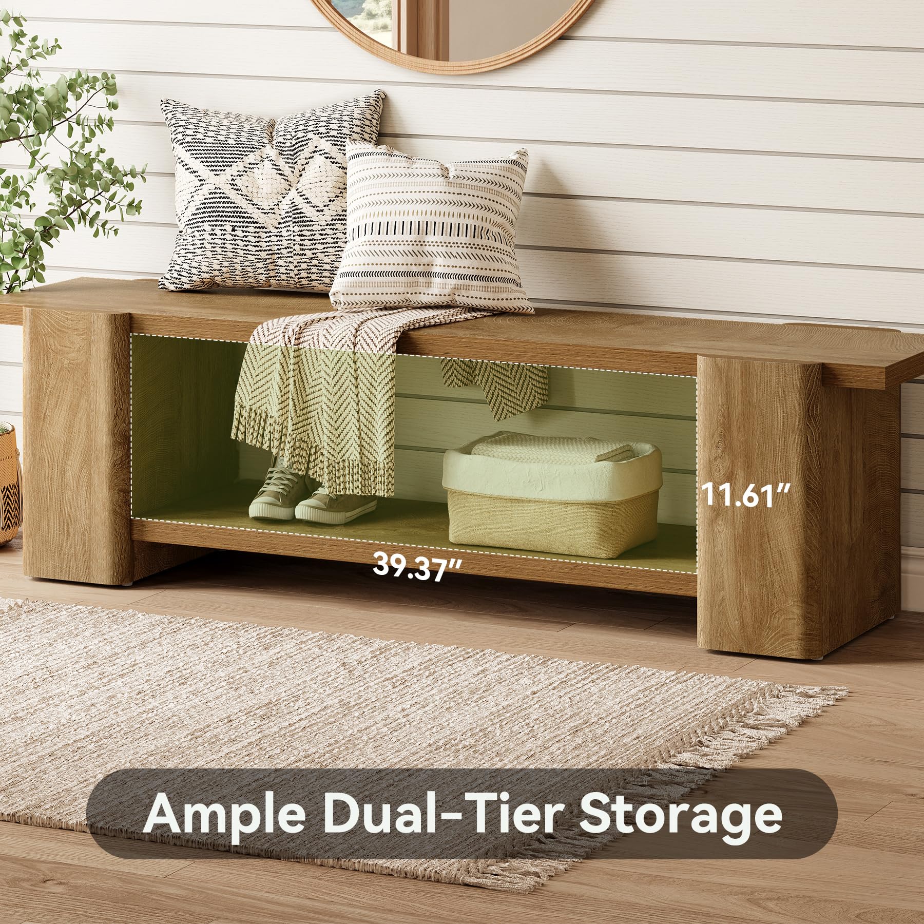 LITTLE TREE Wood Entryway Bench, 63" End of Bed Bench with Storage Shelf, Farmhouse Extra Long Shoe Bench for Entryway, Dining Room, Hallway, Living Room, Bedroom, Double-Reinforced Legs, Natural Oak