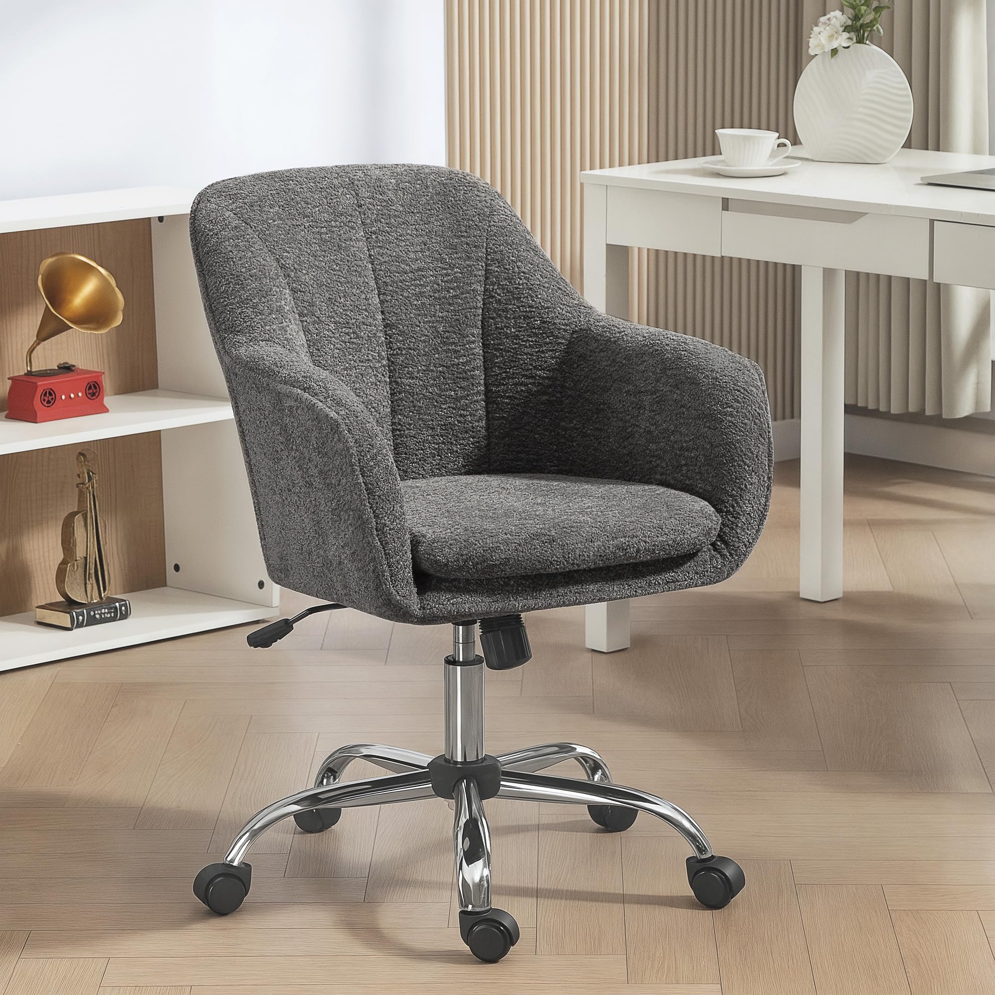 HOMCOM Snow Flannel Office Chair Makeup Vanity Chair Wheeled Grey โ image 1