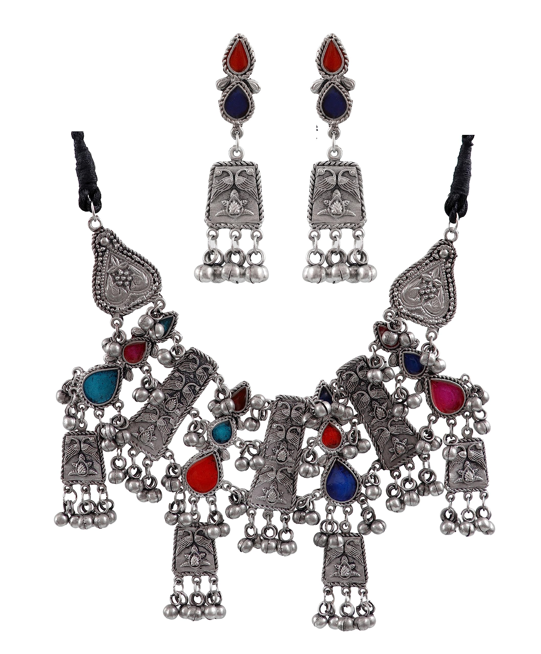 Ethnic Designer Oxidised Silver Antique Afghani Traditional Ghungroo Necklace Choker Earrings Jewelry Women Girls (multi) (B0C7CNC354) Amazon Price History, Amazon Price Tracker