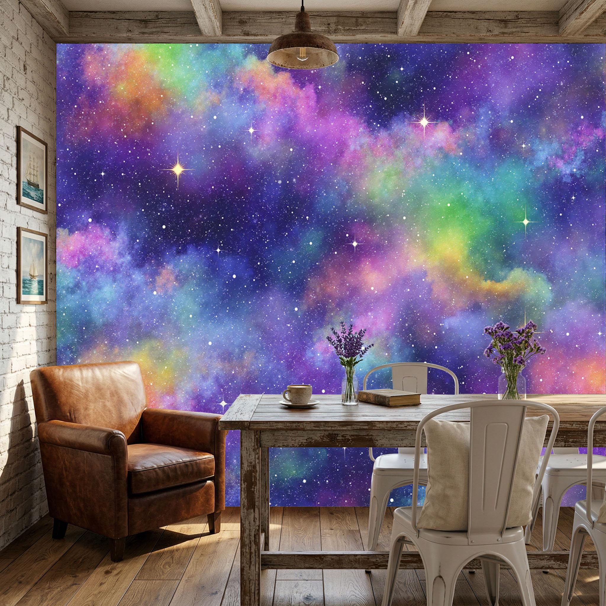 Papier Peint Mural 3D Univers Étoiles Arc-en-Ciel Néon Intissé 300x210cm