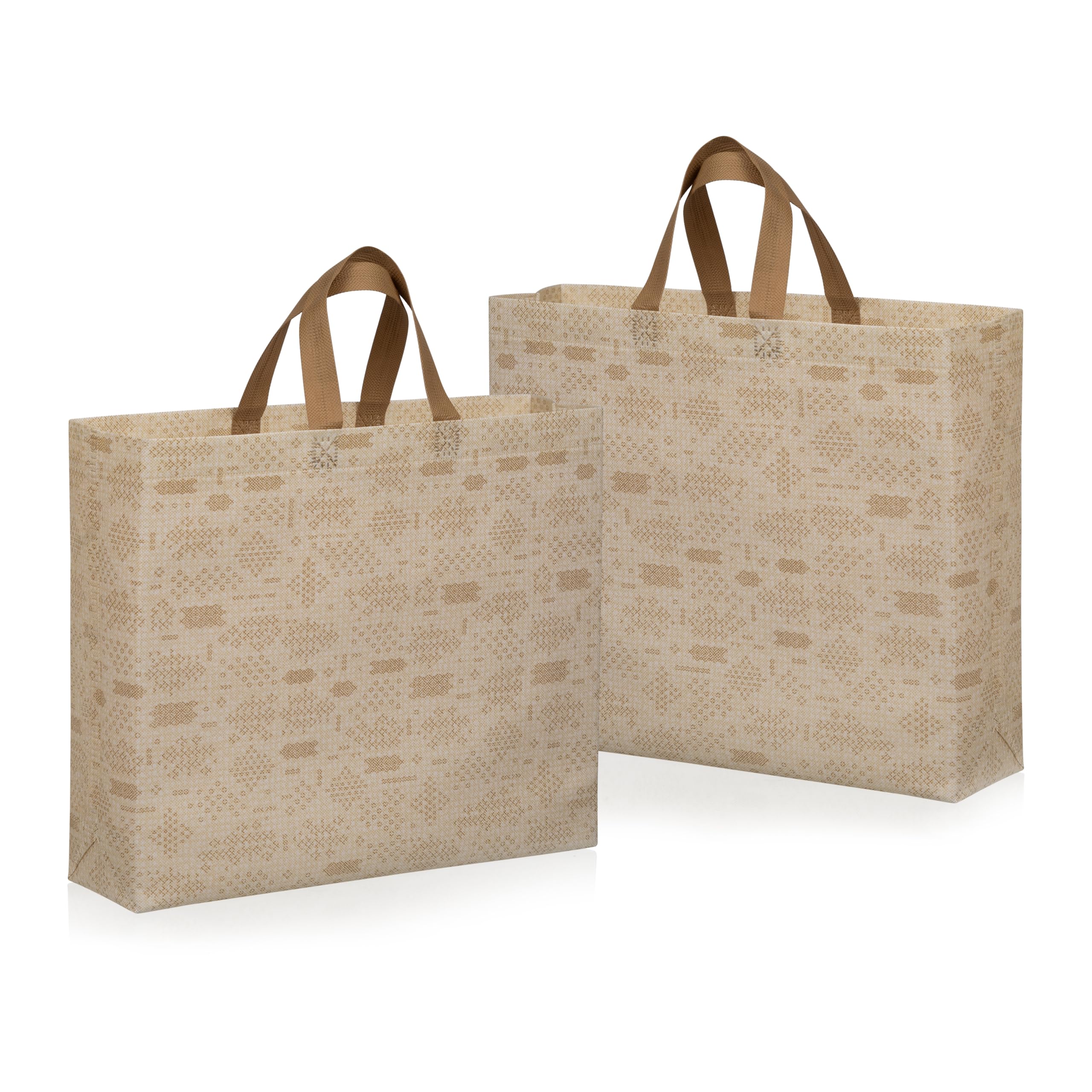 Lavya Large Size Pack of 10 Pcs Non-Woven Fabric Return Gift Bags |Beige with Gold Glitter, Reusable, Eco-Friendly, Jewellery, Saree, Mithai, Weddings, Festive (Beige Ehtnic Motifs) (L- 15x13x4 Inch)
