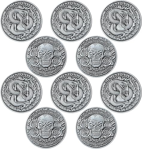 Miniatura 8 de Misdary 10 piezas de moneda Memento Mori Memento Vivere Recordatorio Token Metal Skull Challenge Medallón de moneda estoicismo, regalo de desafío