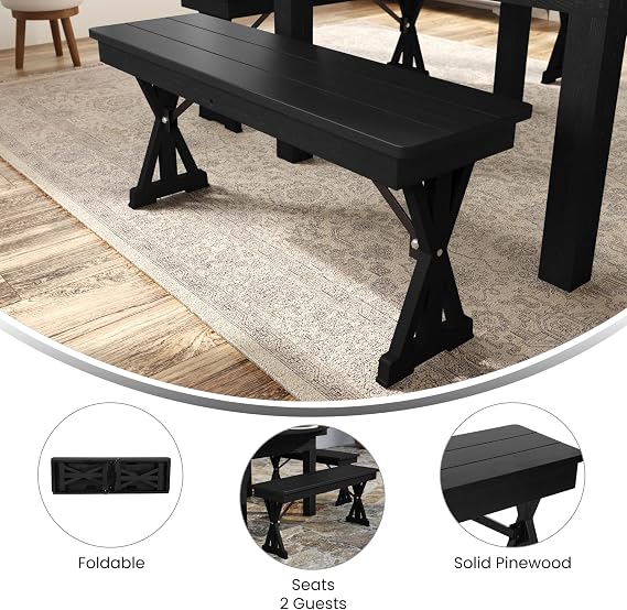 Merrick Lane Tinsley Solid Pine Folding Farmhouse Bench, Rustic Solid Wood Bench for Entryway or Dining Room, Folding Locking X-Legs, 40 x 12, Black Wash