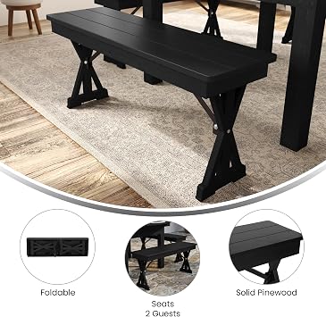 Merrick Lane Tinsley Solid Pine Folding Farmhouse Bench, Rustic Solid Wood Bench for Entryway or Dining Room, Folding Locking X-Legs, 40 x 12, Black Wash