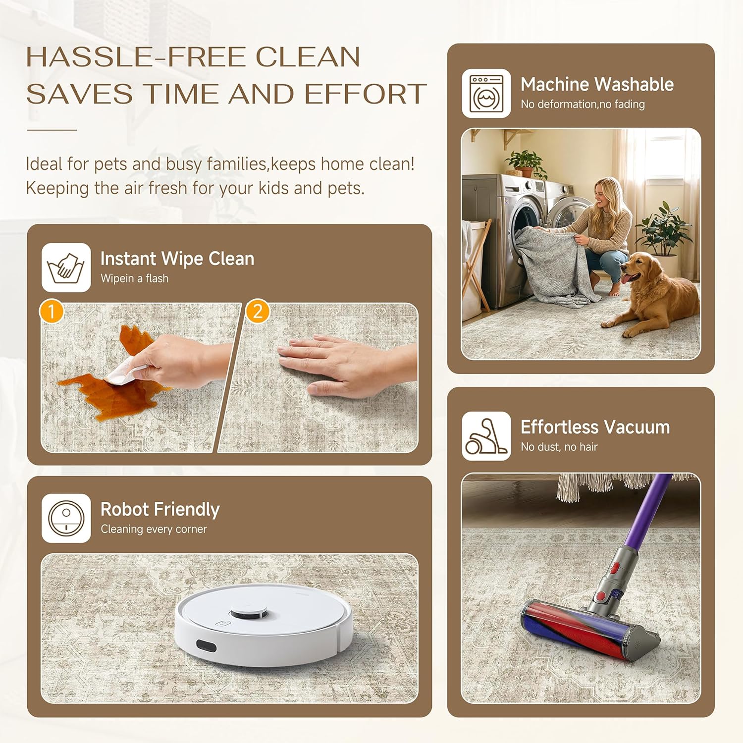 6x9 Beige Area Rug for Living Room,Non-Slip Backing Washable Carpet,Vintage Large Low Pile Area Rug，Easy Care Ideal for High Traffic Soft Carpet in Bedroom Office Coffee Table Dining Room