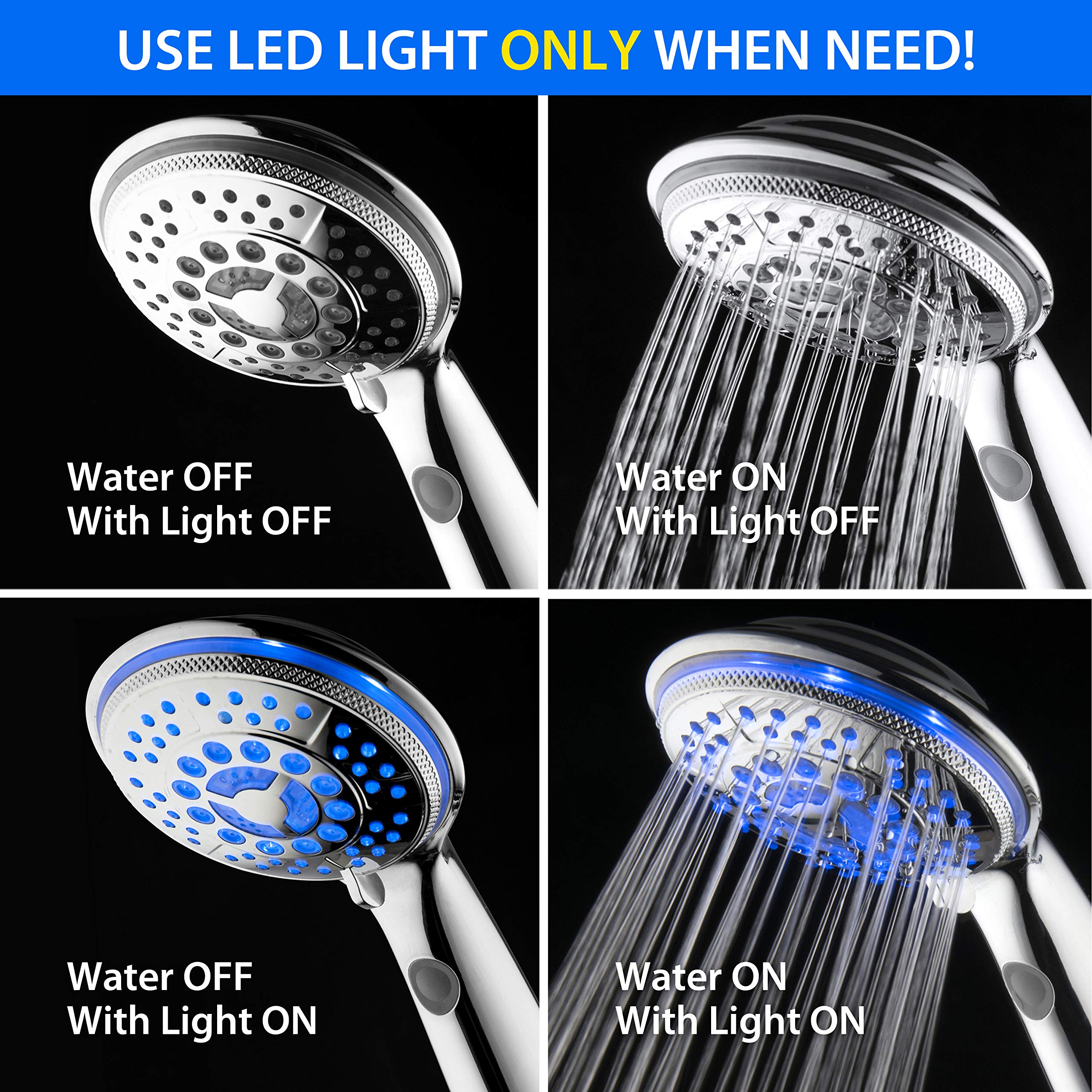 Hotel Spa 5-Mode Rechargeable LED Handheld Shower with Light Switch, Chrome Finish