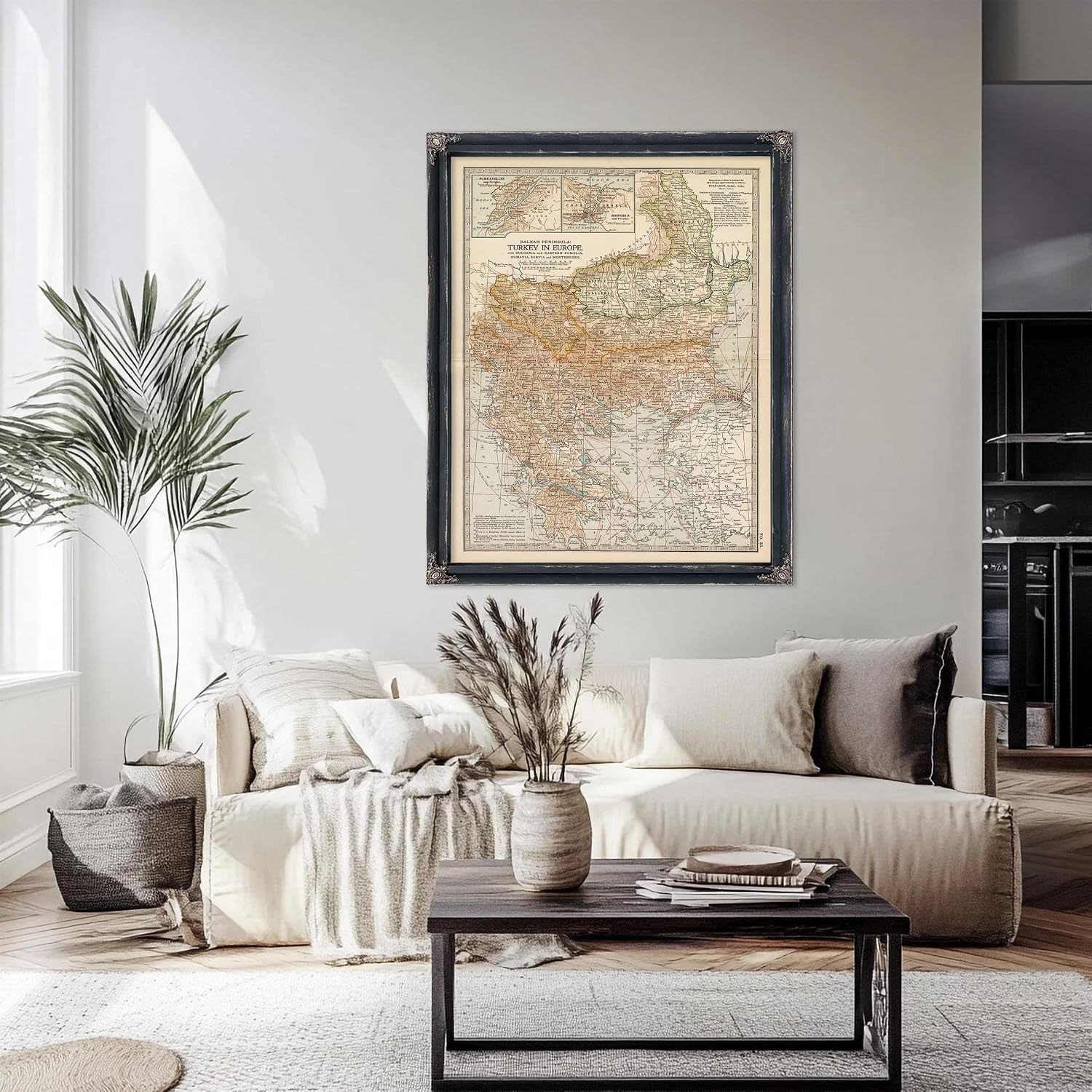 Framed Turkey Vintage Map - Ornate Embellishment Frame with Print-24" x 18" Black Frame