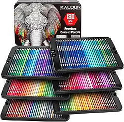 KALOUR Conjunto de 180 lápis de cor para artistas adultos - núcleo macio de pigmento rico -12 lápis metálicos - ideal para colorir, desenhar, esboçar, misturar sombras, cores vibrantes (caixa de lata)