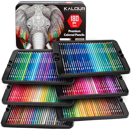 KALOUR 180 Colored Pencil Set for Adults Artists - Rich Pigment Soft Core -12 Metallic Pencil - Ideal for Coloring Drawing Sketching Shading Blending - Vibrant Color（Tin Case）