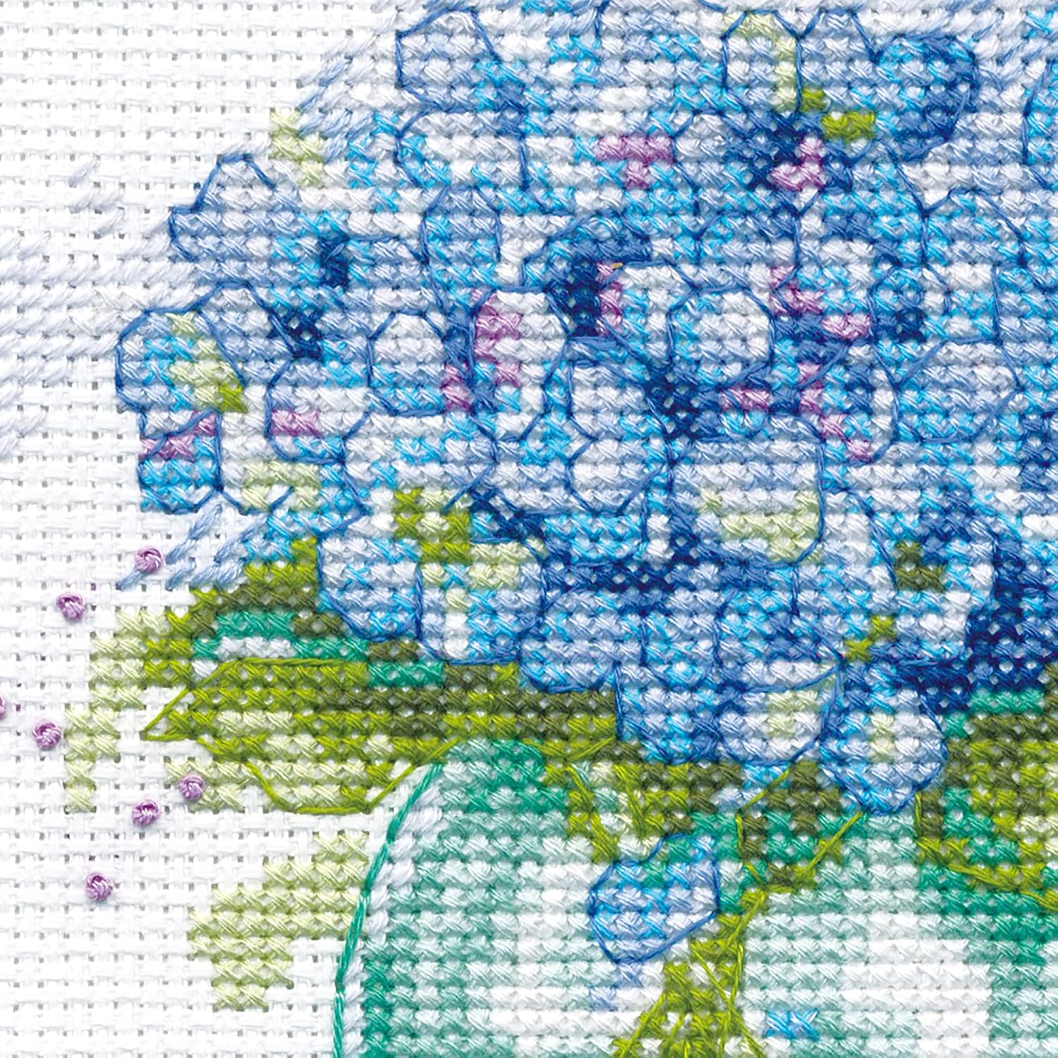 DIMENSIONS Blue Hydrangeas Counted Cross Stitch Kit, 14 Ct. White Aida Cloth, Finished Project 5" x 7", Multicolor 4 Piece