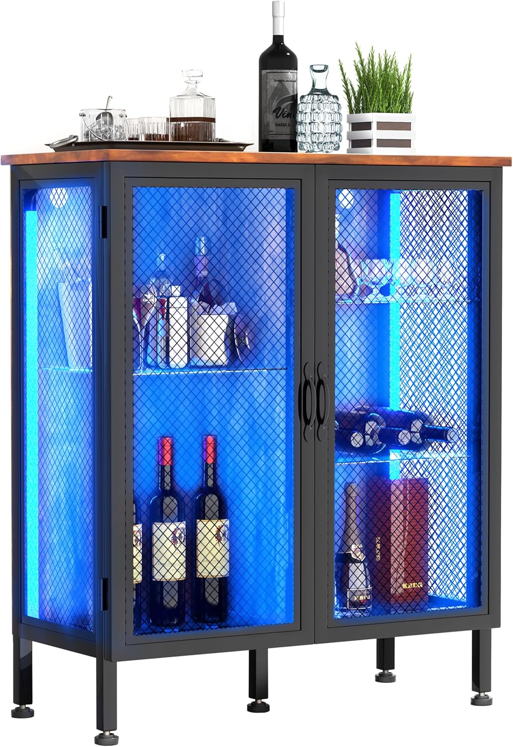 Wine Cabinet Bar Cabinet with Storage for Home -with Glass Shelves with Led Lights and Outlets Coffee bar Cabinet Hutch Cabinet Farmhouse Accent Cabinet for Liquor for Kitchen Dining Room