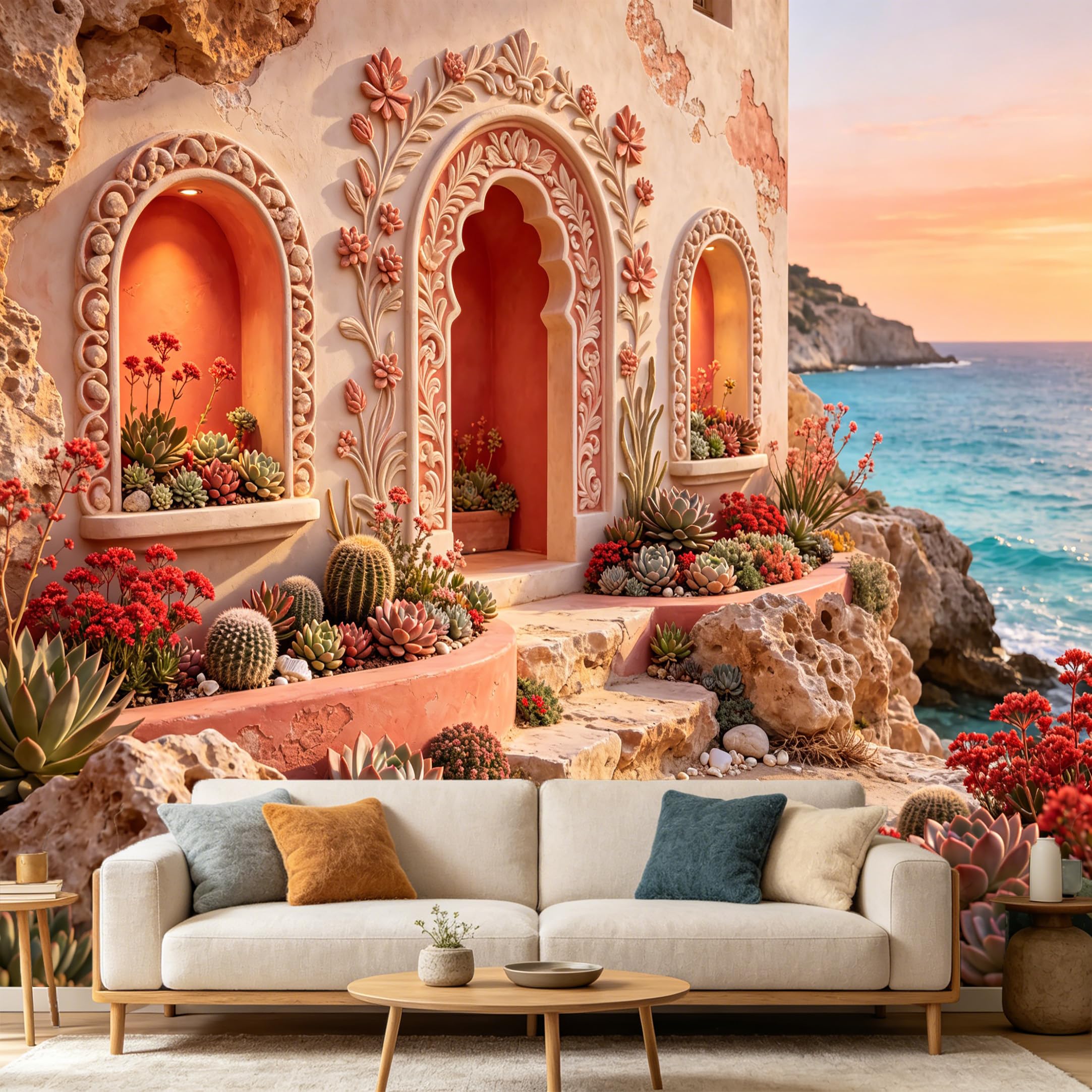 Custom Size Wall Mural， Mediterranean Coastal Sunset Succulent Garden， 3D Trompe L'Oeil Tropical Botanical Art Prints wall Fabric Removable Large Wallpaper Home Living Room Decor