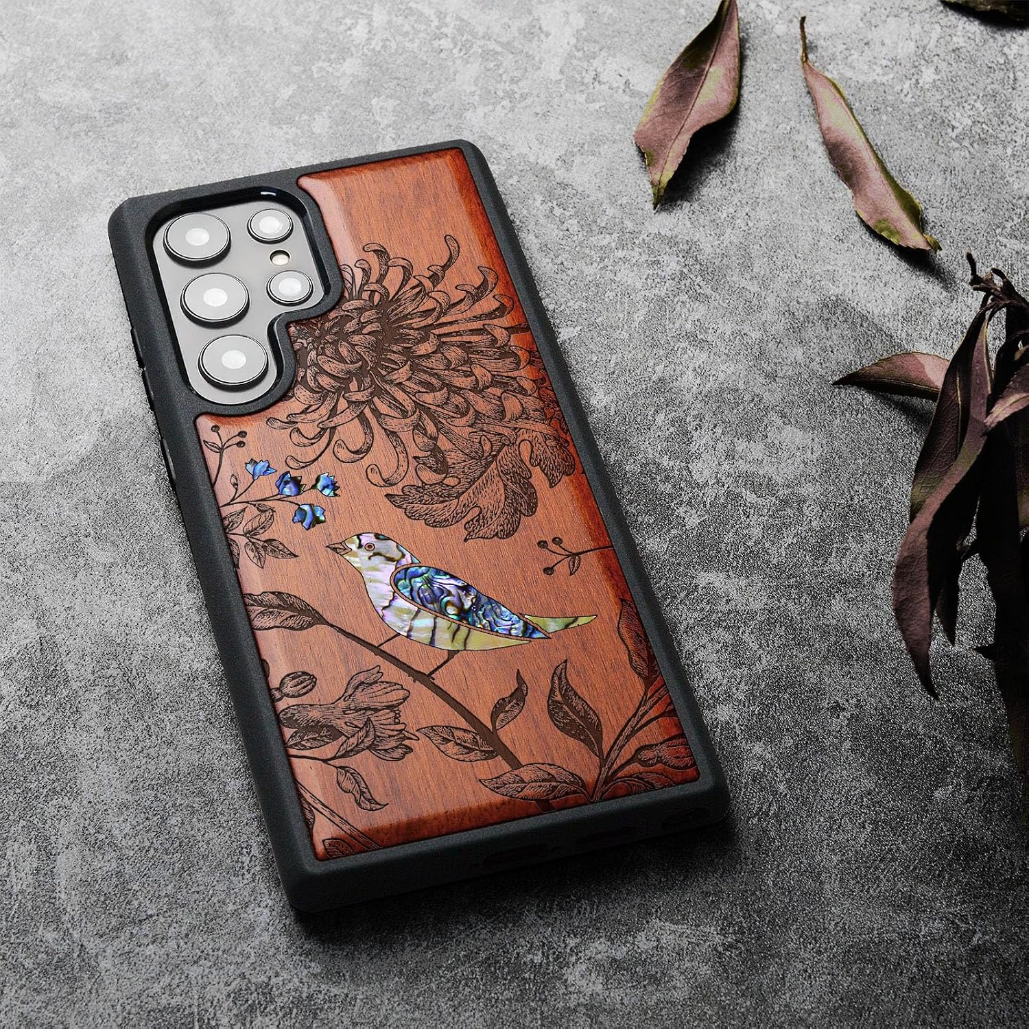 Carveit Designer Wooden Case for Samsung Galaxy S24 Ultra [Wood Engraving & Shell Inlay] Compatible with Wireless Chargers S24 Ultra Cover (Flowers and Bird-Rosy)