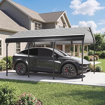 LAUSAINT HOME 10x15 FT Metal Carport Enhanced Base Heavy Duty Garage Carports, Outdoor Garage Car Port, Oversized Carport Canopy with Steel Roof and Frame, for Pickup, Boat and Tractor 10x15