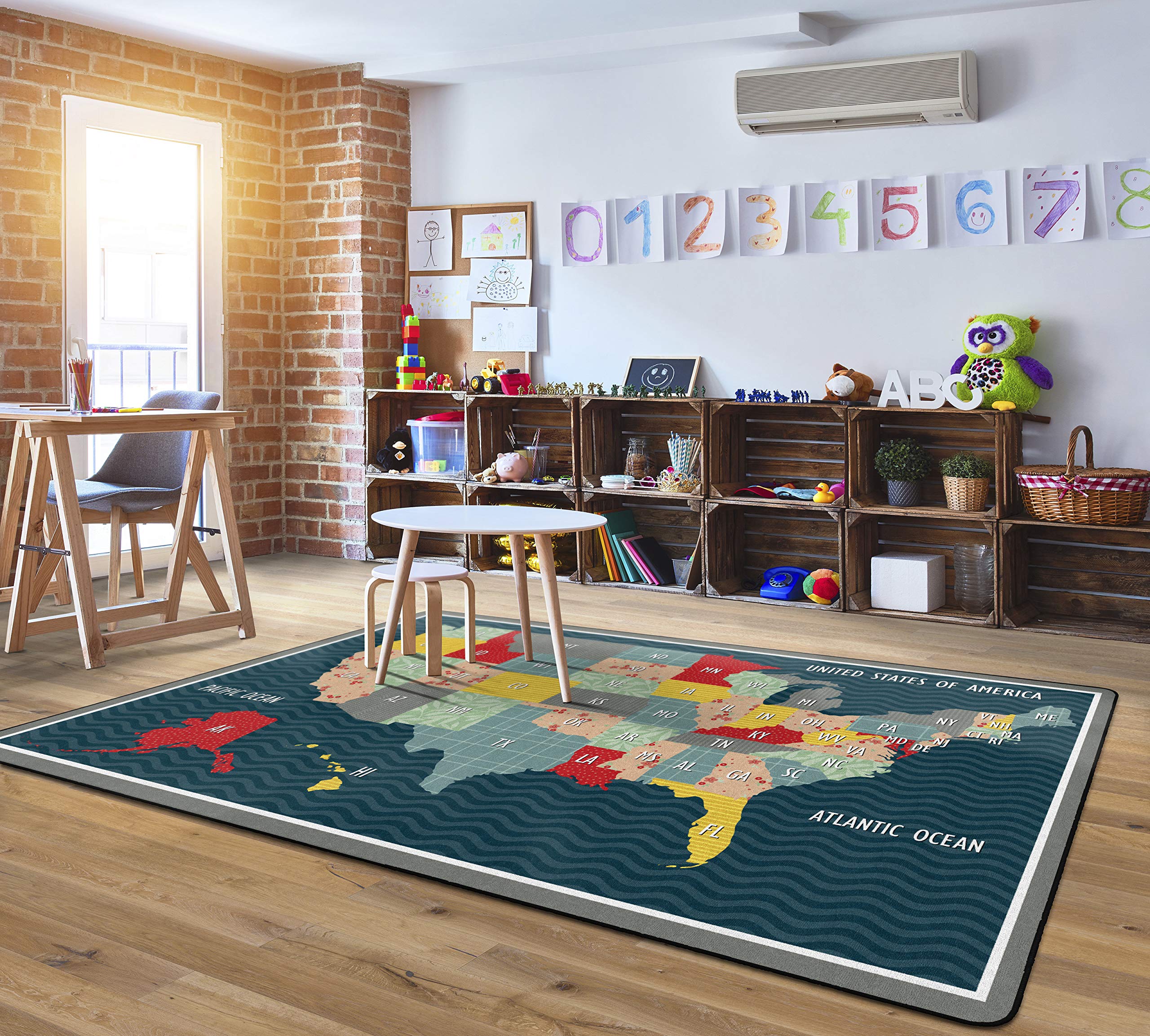 Flagship Carpets United States Collage Map Multicolor Area Rug for Classroom, Office, Home and School Playroom Mat, Kids Bedroom Carpet, 7'6