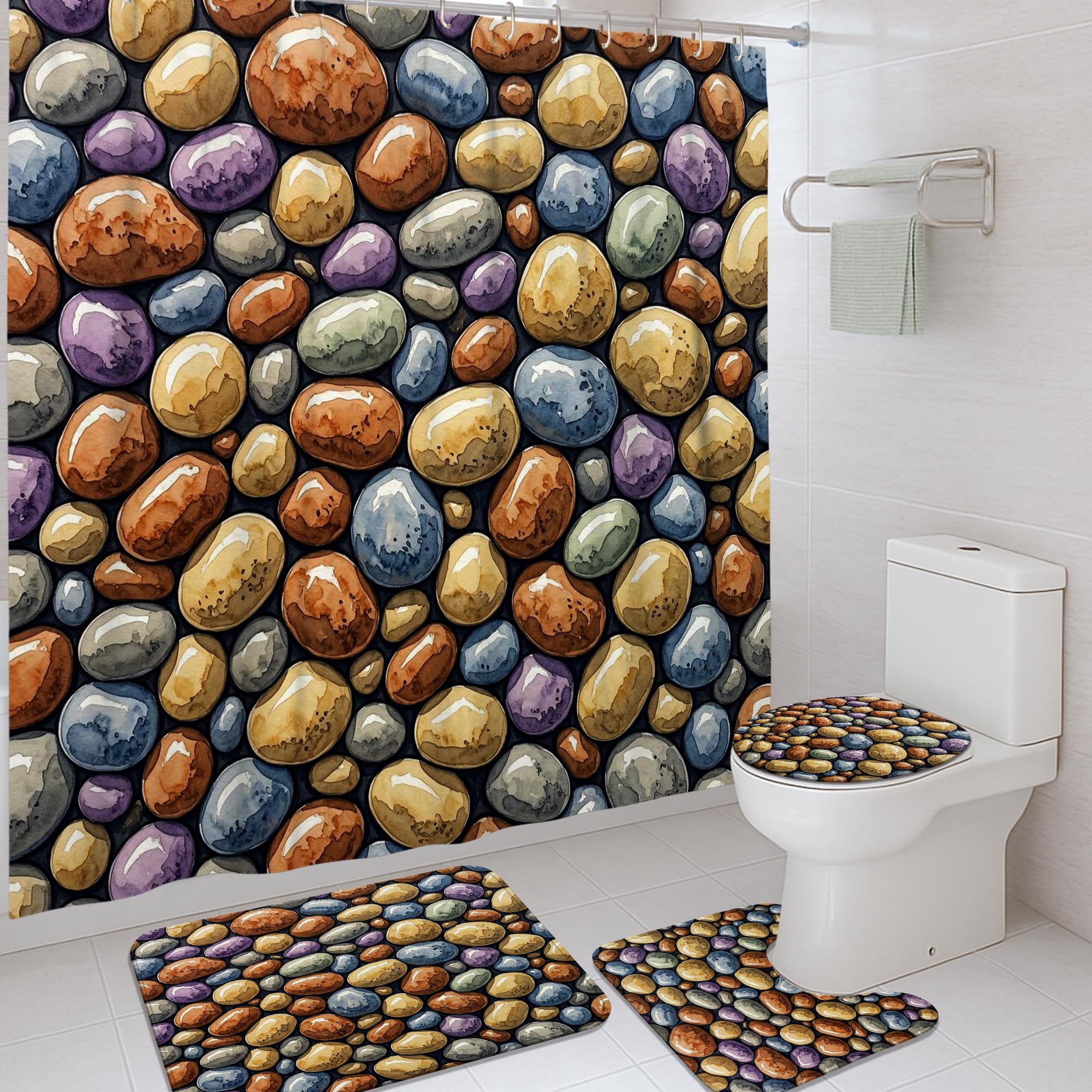 Ensemble rideau de douche galets en toile durable, tapis et crochets de bain