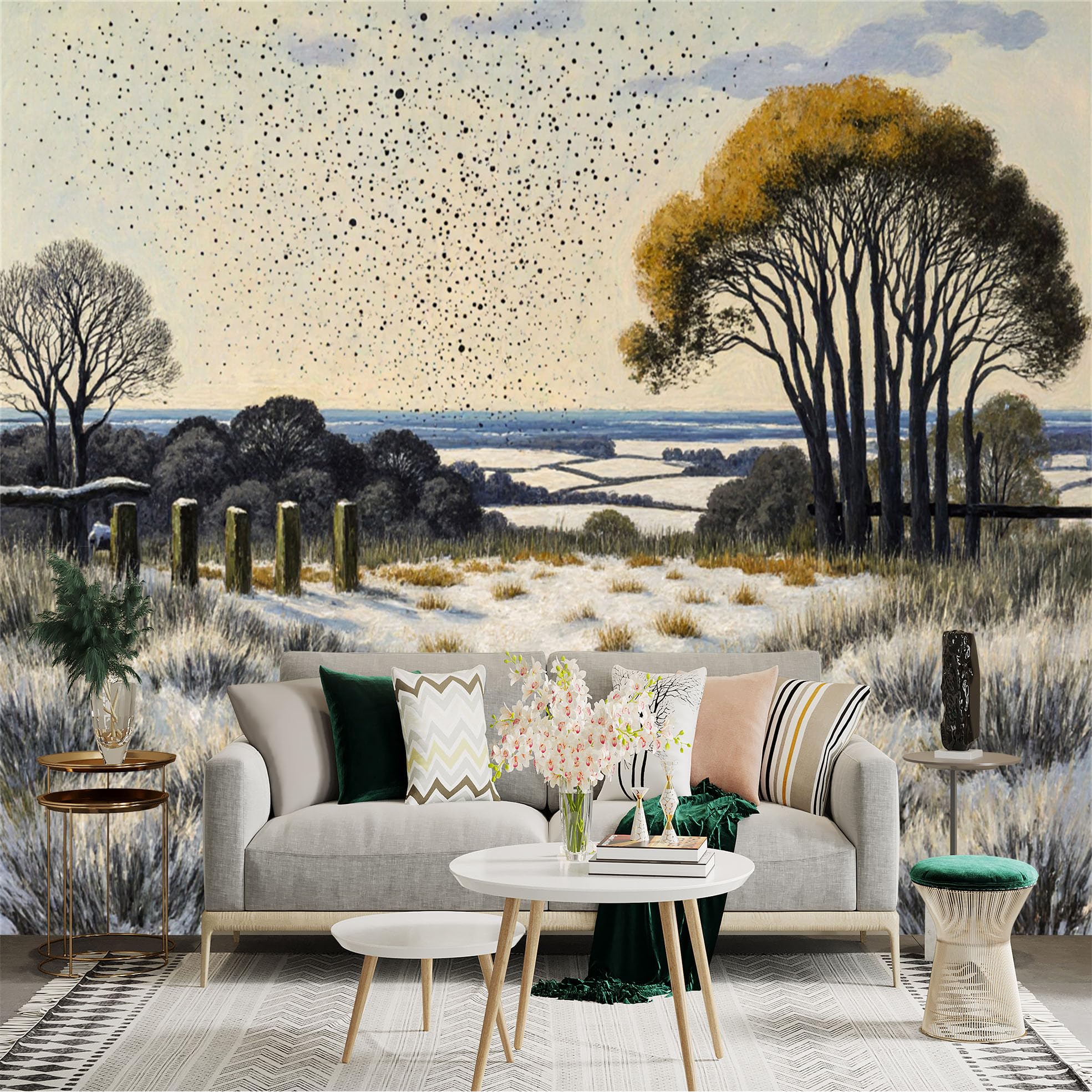 Lnzczhyre Xc260505936 Custom Size Wall Sticker Mural， Snowy Winter Landscape， Field With Bare Trees， Birds Flying In Cloudy Sky， Rustic Country Path， For Wall Decoration， Peelandstick Wall Decals.
