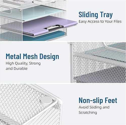 Miniatura 4 de DALTACK Organizador de papel con bandeja de letras de 3 niveles con asa, organizador de archivos de escritorio de malla, organizador de escritorio