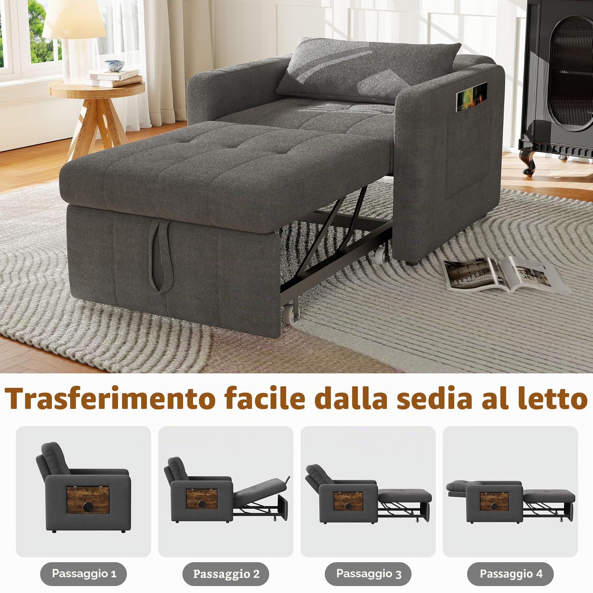 Poltrona Letto Singolo con Schienale Reclinabile su 5 Livelli,Pieghevole Imbottito a 1 Posto Poltrona Letto, Poltrona reclinabile per soggiorno, balcone e ufficio (Grigio medio)
