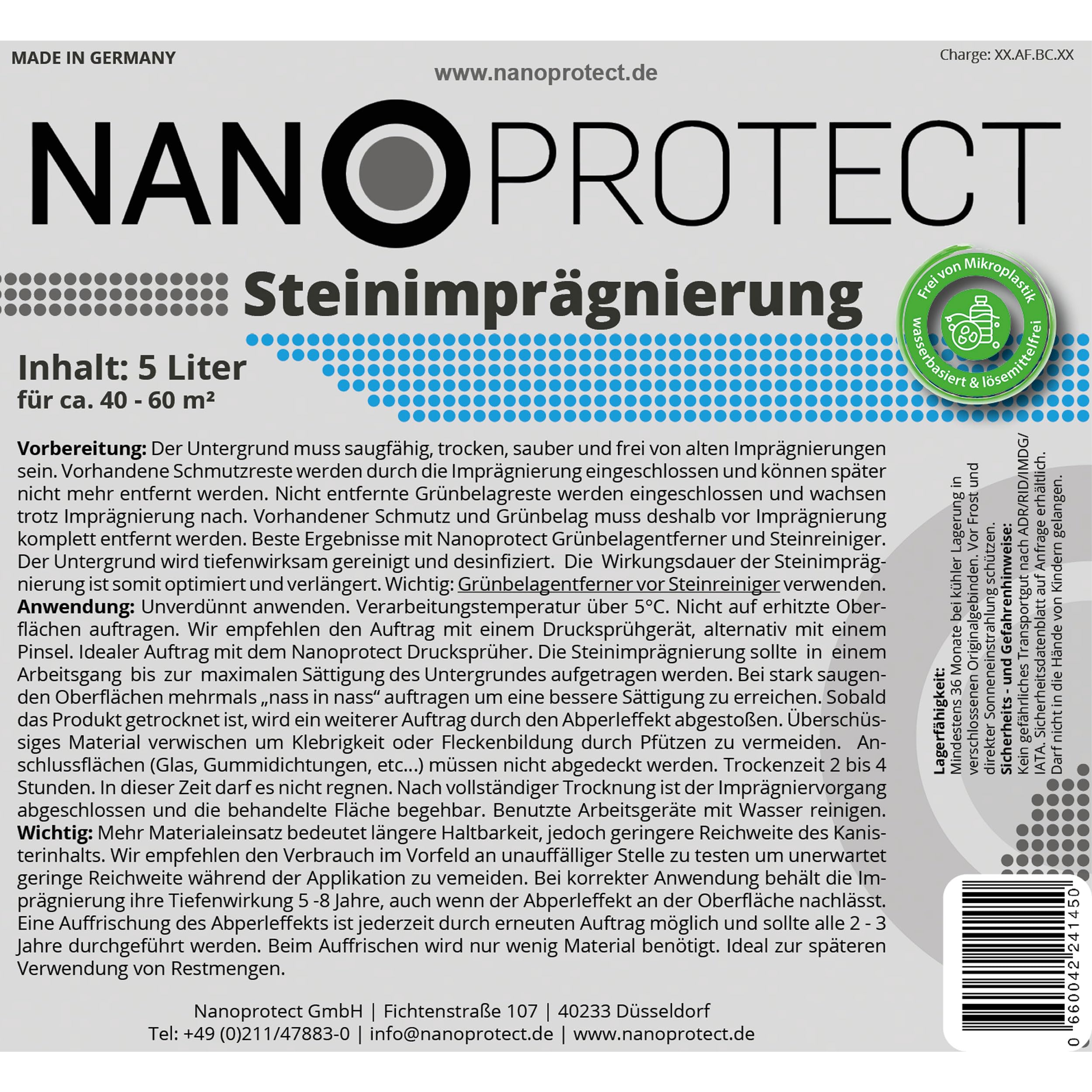 Nanoprotect Steinimprägnierung | 5 L für ca. 40 – 60 m² | Vorbeugend gegen Grünbelag und Einschmutzung | Ideal für Pflastersteine, Beton und Fassaden | Profi Qualität