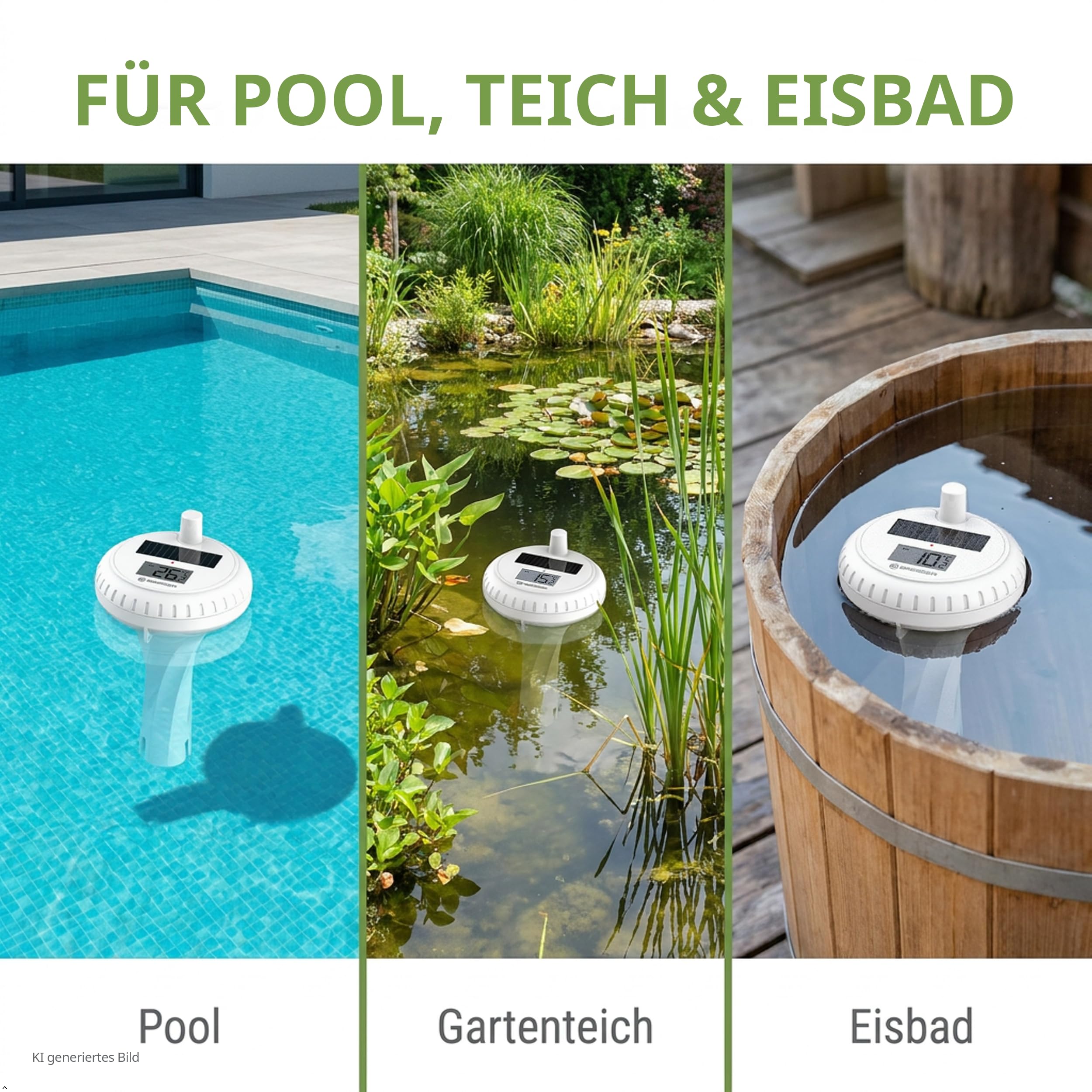 Termometro piscina wireless Bresser con pannello solare, temperatura acqua & stanza, allarme, orologio radio, IPX7