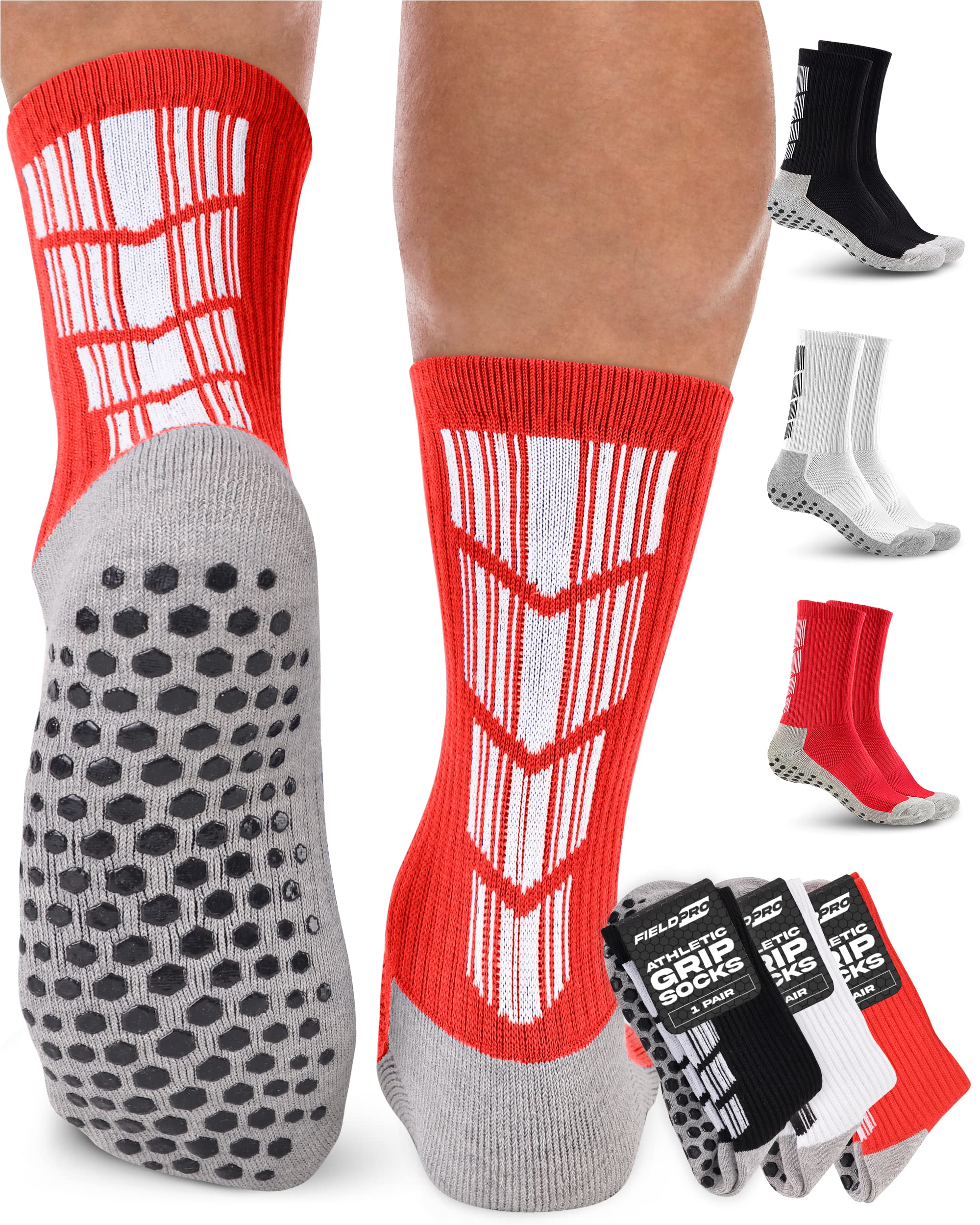 Photo 1 of FieldPro 3 & 5 Pairs Adult & Youth Soccer Grip Socks - 5 Colors Mens Grip Socks Soccer | Soccer Grip Socks Men | Soccer Socks X-Large Black/White/Red - 3 Pairs